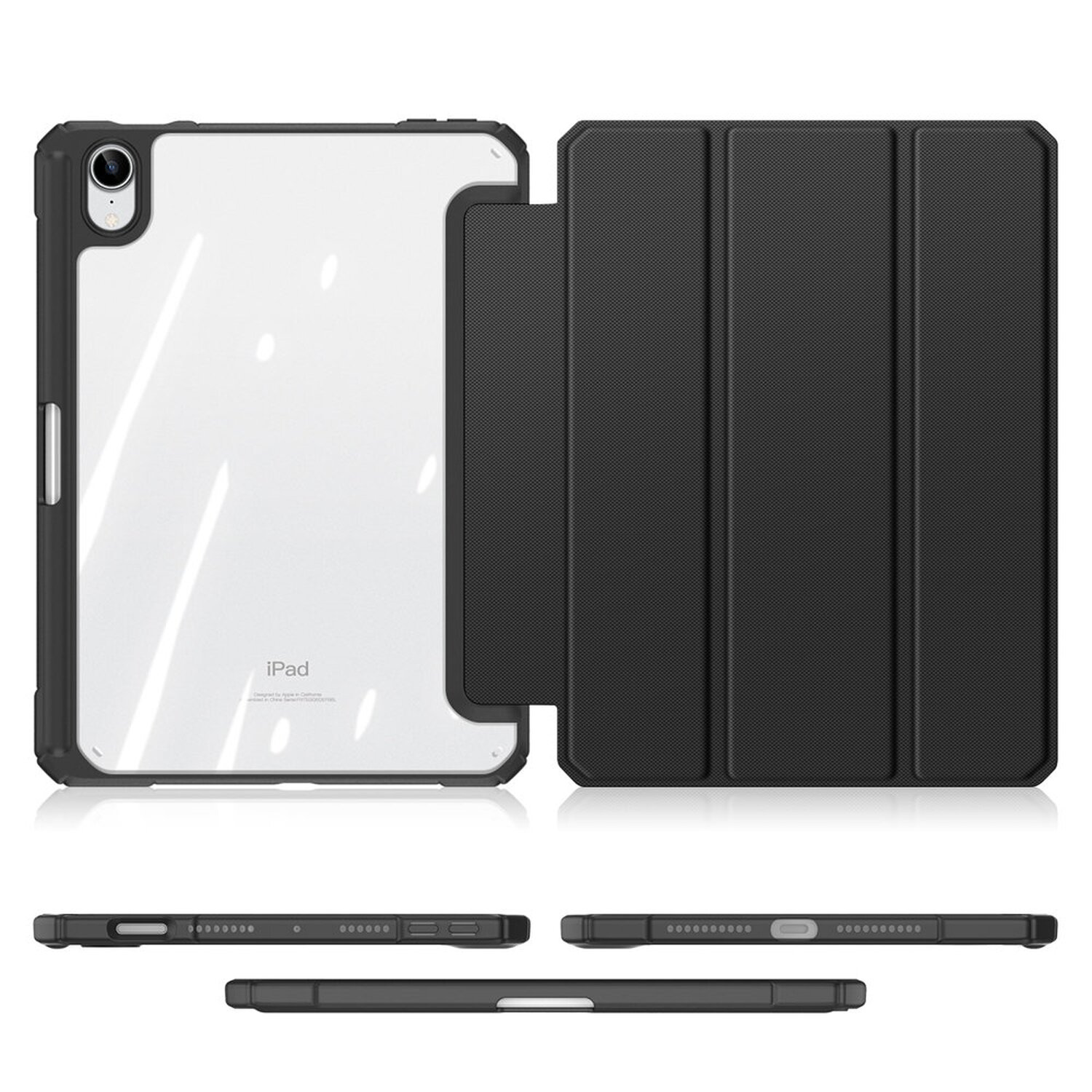 Schwarze iPad-Hülle mit weißem iPad. Mehrere Ansichten zeigen die Hüllendetails.