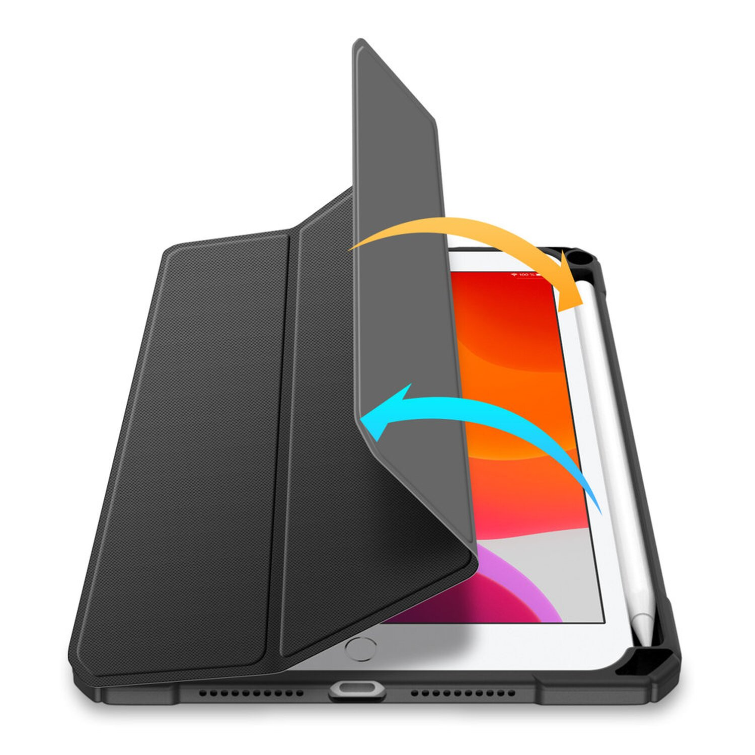 Schwarze iPad-Hülle geöffnet, Tablet mit Stift zeigend. Blaue und orangefarbene Pfeile zeigen das Öffnen.