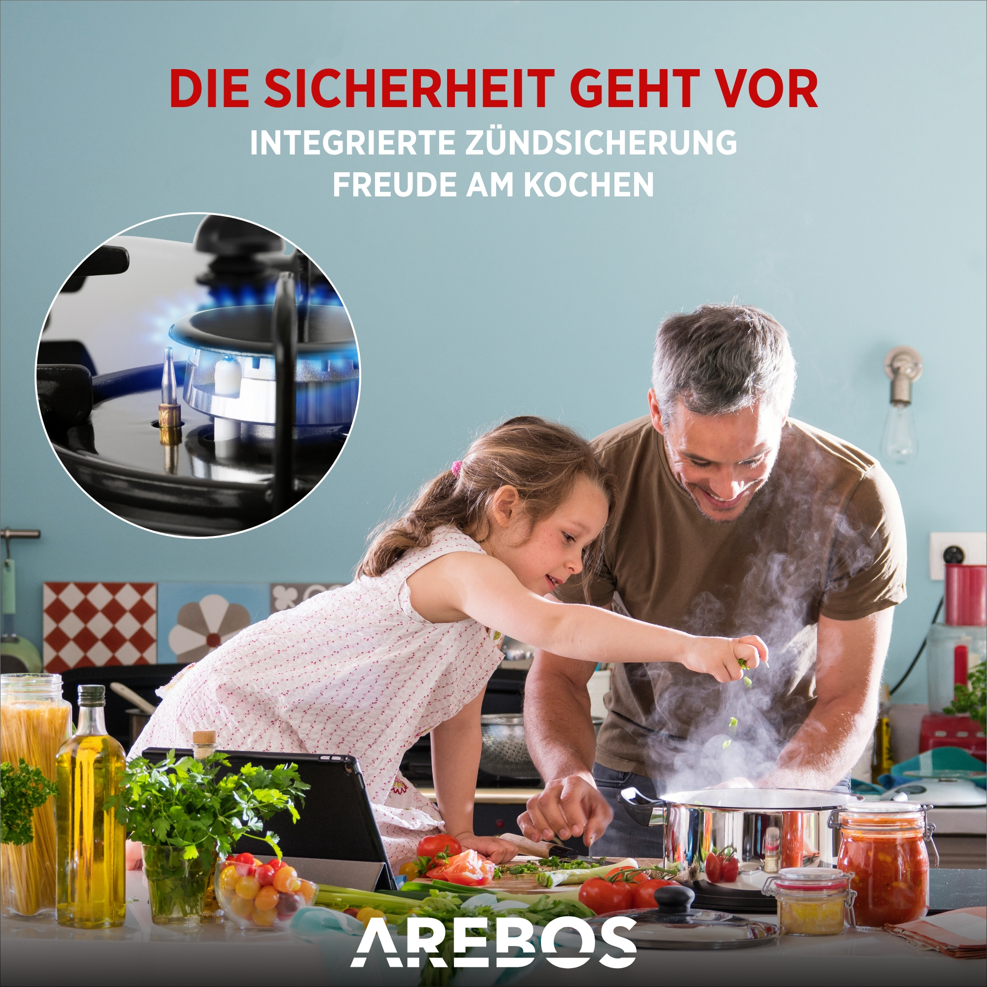 Vater und Tochter kochen zusammen, mit Gasherd im Hintergrund.
