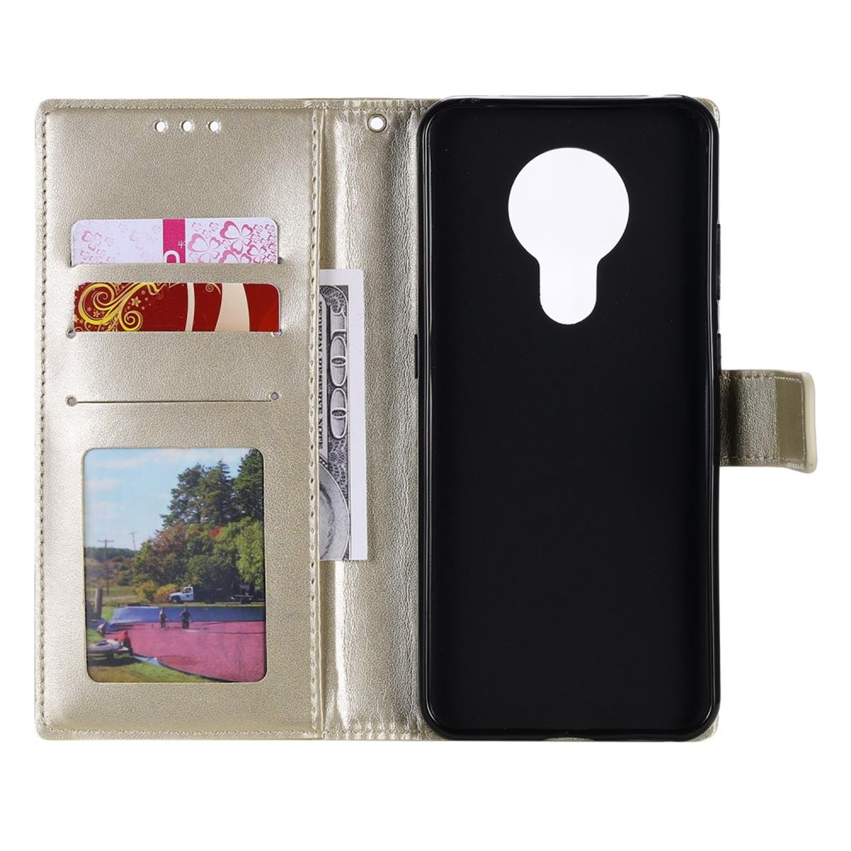 Offene goldene Handyhülle mit Kreditkarten, Bargeld und Foto. Ein schwarzes Telefon ist drin.