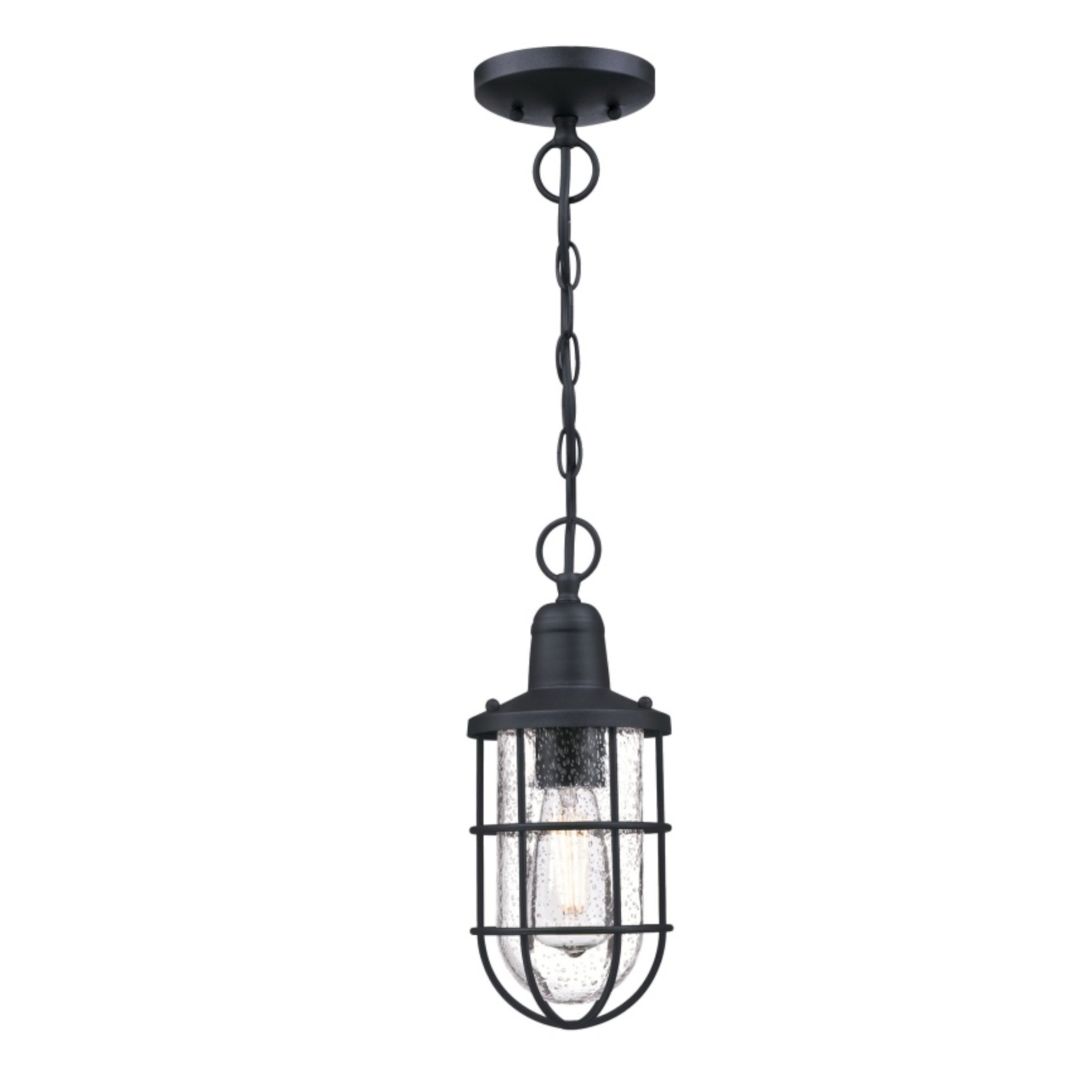 Lampada a sospensione per esterni nera. Ha un design a gabbia con vetro trasparente e una catena di sospensione.