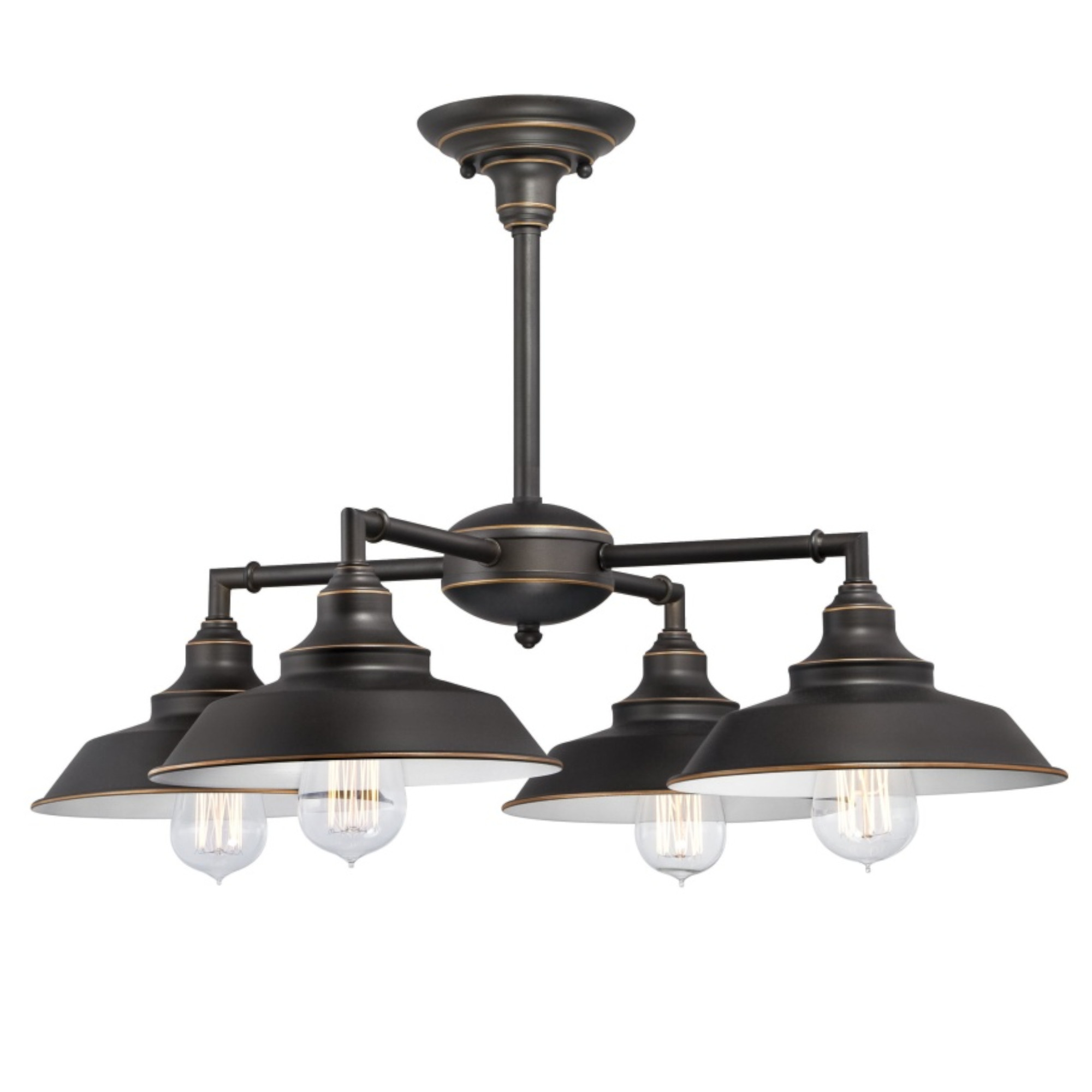 Schwarzer Kronleuchter im Outdoor-Stil mit 5 Lampen. Jede hat einen schwarzen Schirm und eine klare Glühbirne.