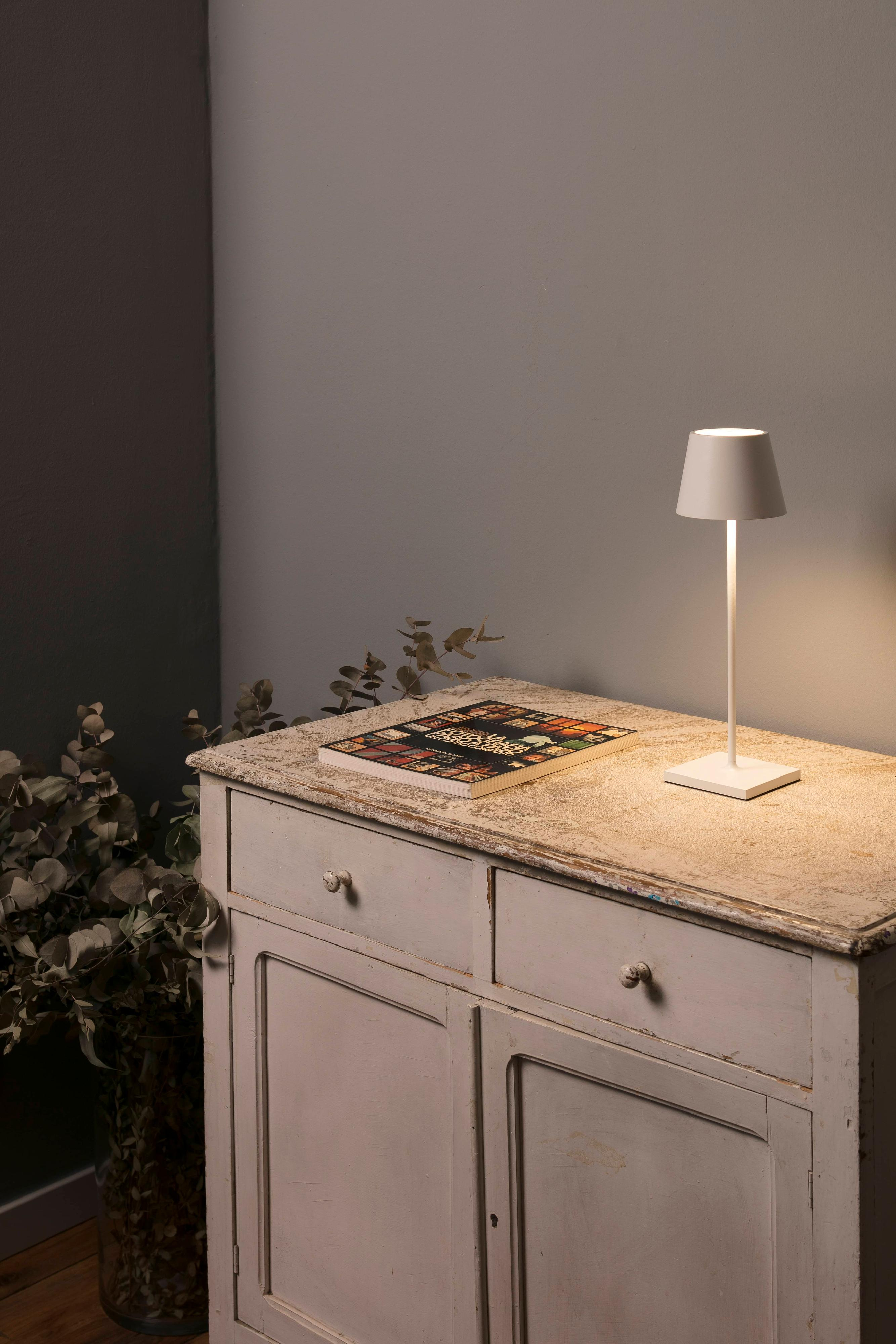Una lampada bianca su un tavolo di marmo, con un libro e piante secche, accanto a un mobile bianco.
