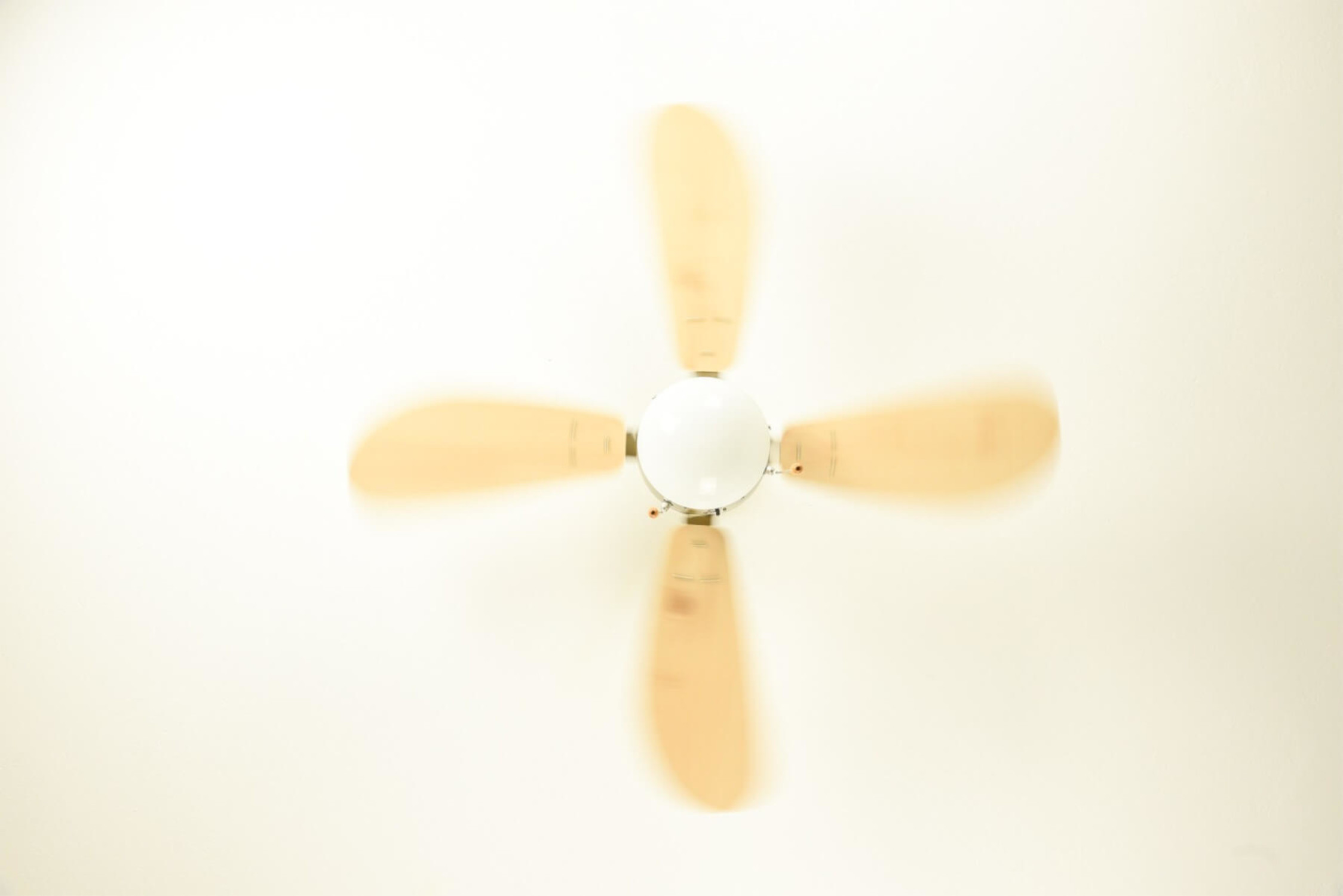 Ein Deckenventilator, der sich in einem Raum dreht. Die Flügel sind leicht verschwommen.