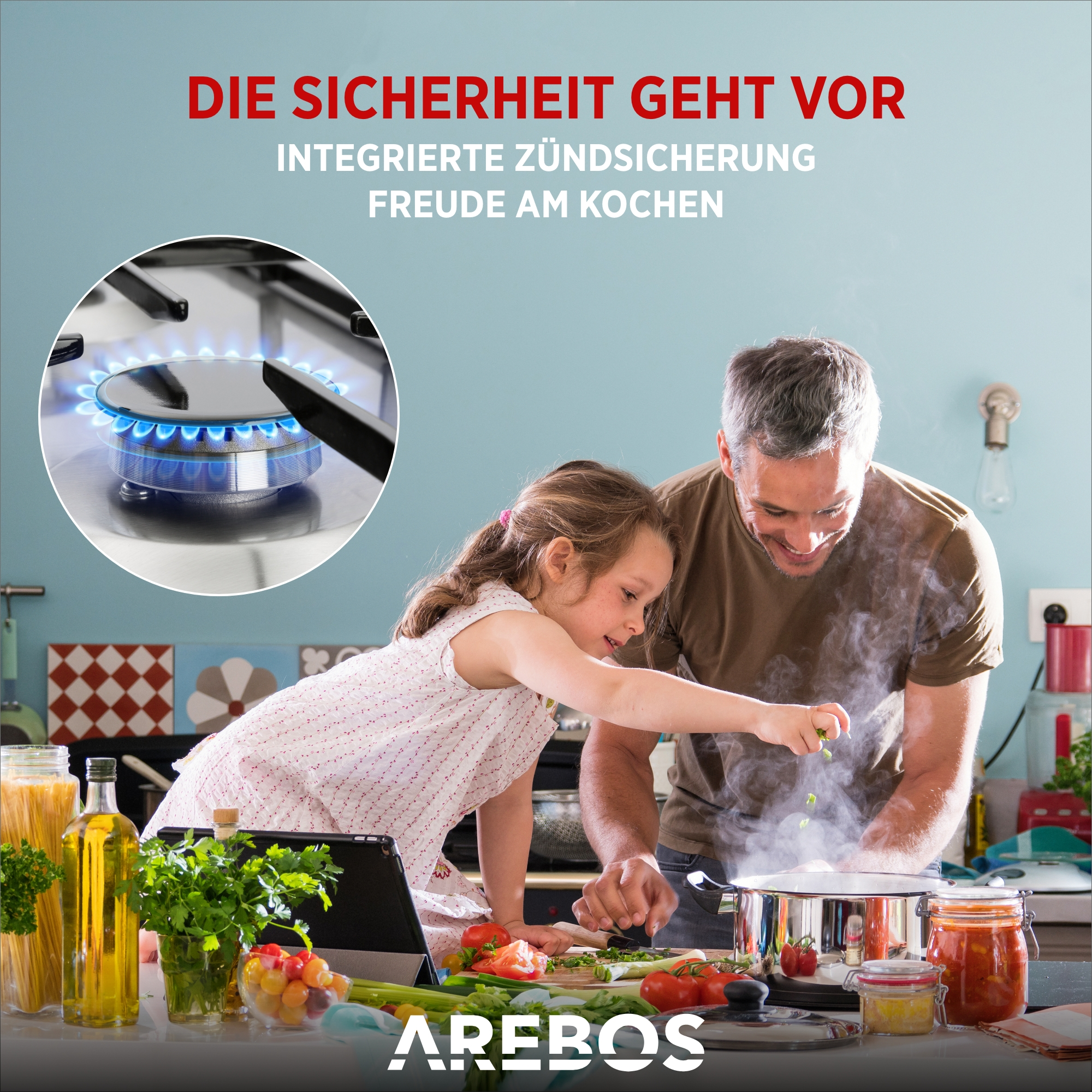 Mädchen hilft Mann beim Kochen, Gasherd mit blauen Flammen. Küche mit Zutaten auf Tisch.