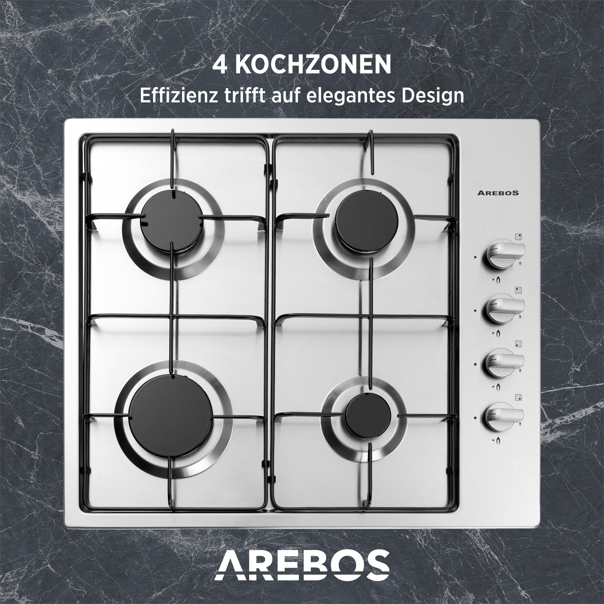 AREBOS | inkl. Topfträger (500 breit, & Autark Kochfelder) 4 Gasherd mm Zündsicherung 