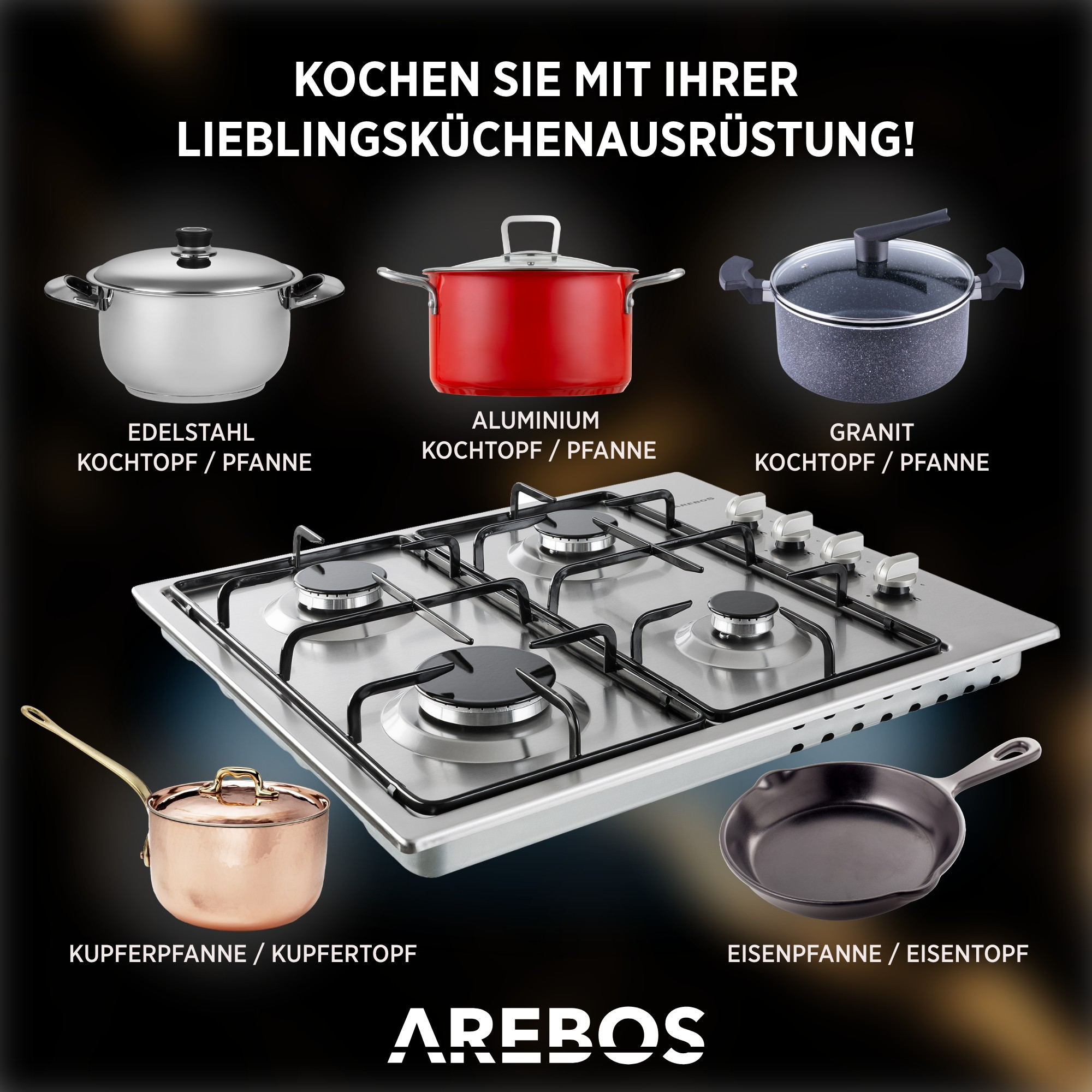 Ein Satz Töpfe und ein Herd. Der Text auf dem Bild lautet: 'Kochen Sie mit Ihrer Lieblingsküchenausstattung!'