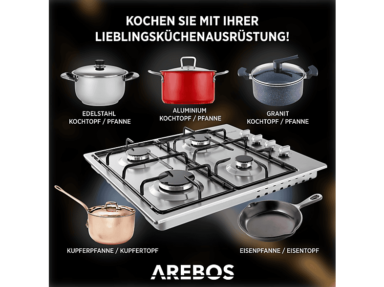 AREBOS | inkl. Topfträger & Zündsicherung | Autark Gasherd (580 mm breit, 4 Kochfelder)