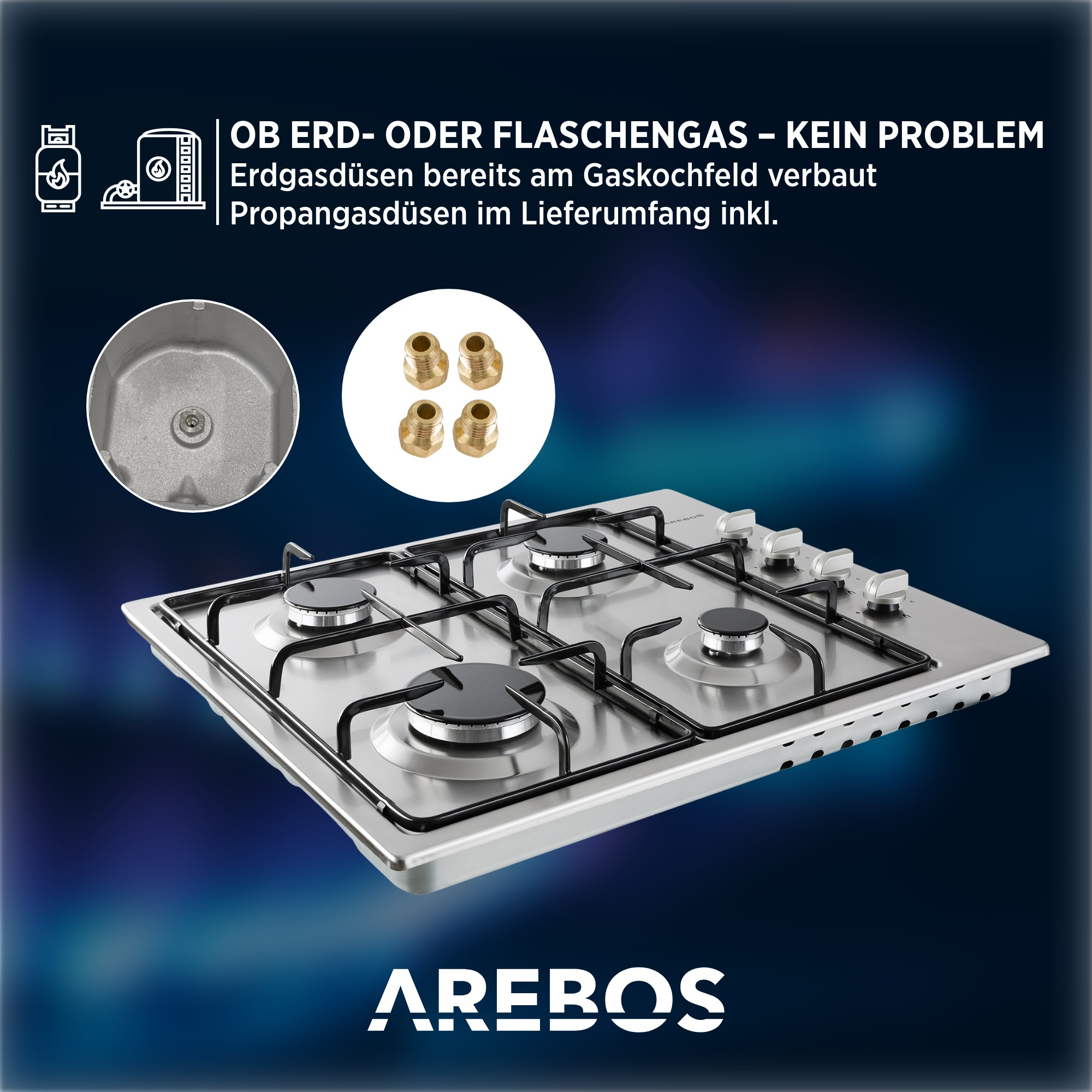 Ein Edelstahl-Gaskochfeld mit vier Brennern und Details wie Düsen und einem Logo unten.