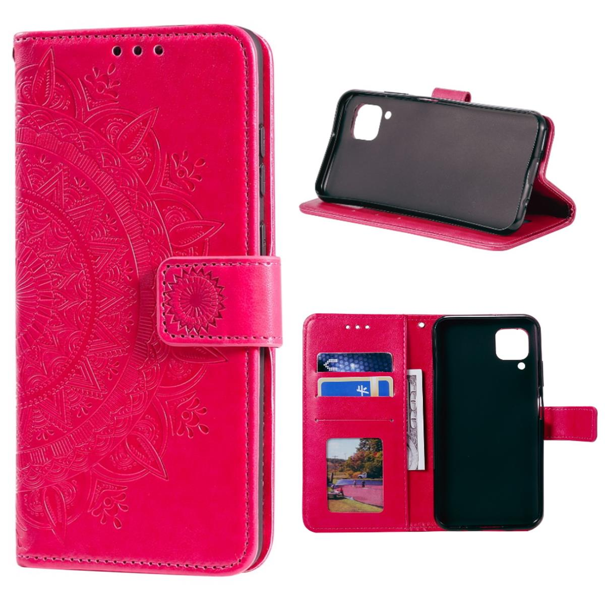 Rote Handyhülle, Mandala-Design, geöffnet. Telefon und Karten im Inneren.