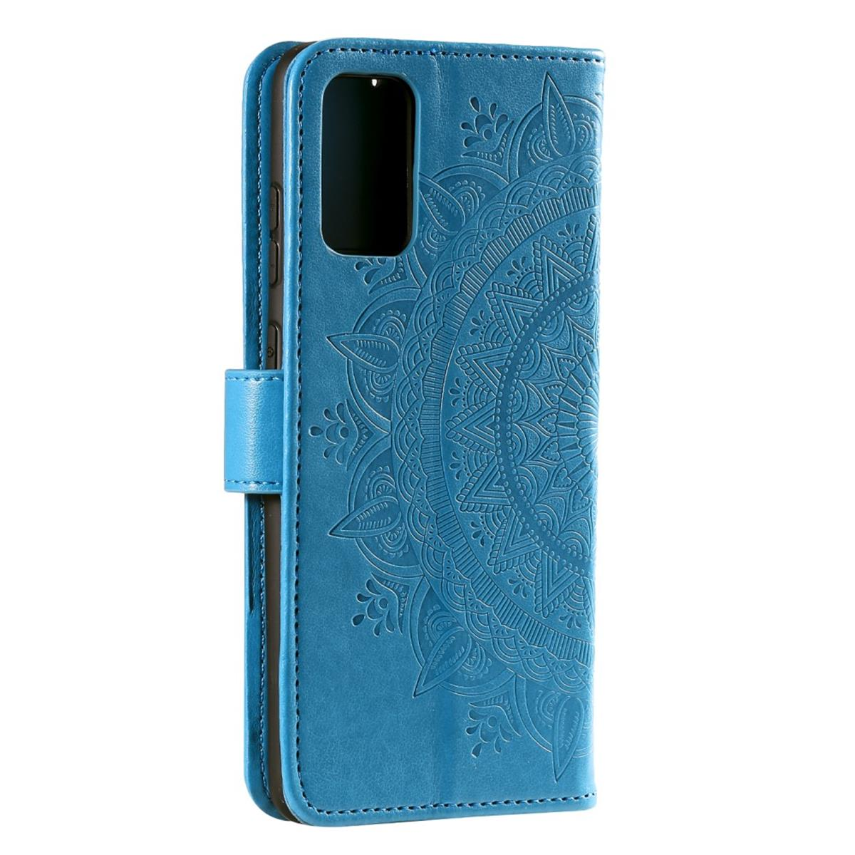 Blaue Handyhülle mit Mandala-Design, lederartiger Textur und Verschluss.