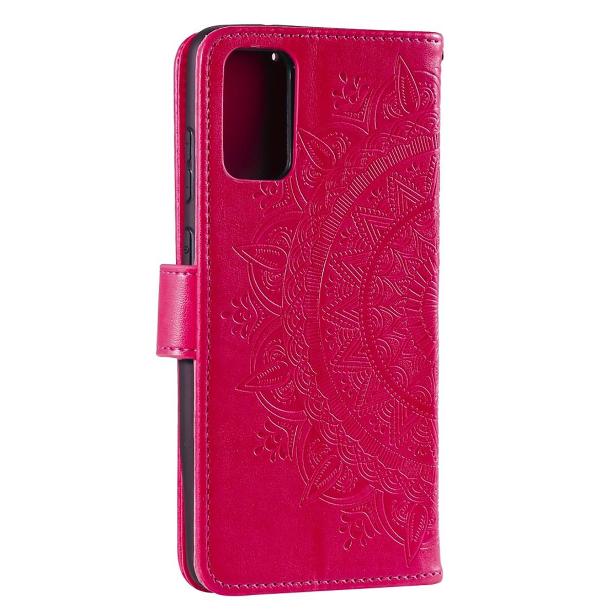 Eine rote Handyhülle mit Mandala-Design. Die Hülle ist geschlossen und hat einen Magnetverschluss.