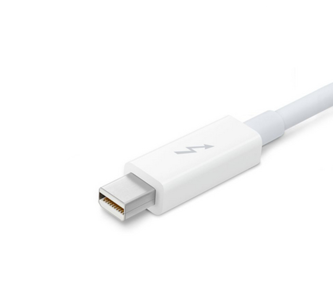 Weißes Thunderbolt-Kabel mit silbernem Stecker auf weißem Hintergrund.