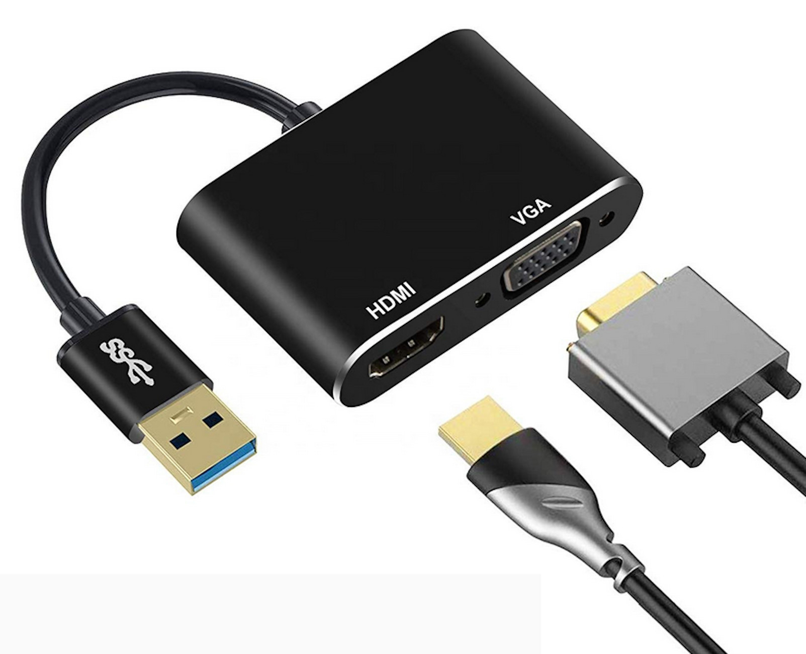 Schwarzer HDMI-zu-VGA-Adapter mit USB. Mehrere Anschlüsse sind eingesteckt. Weißer Hintergrund.