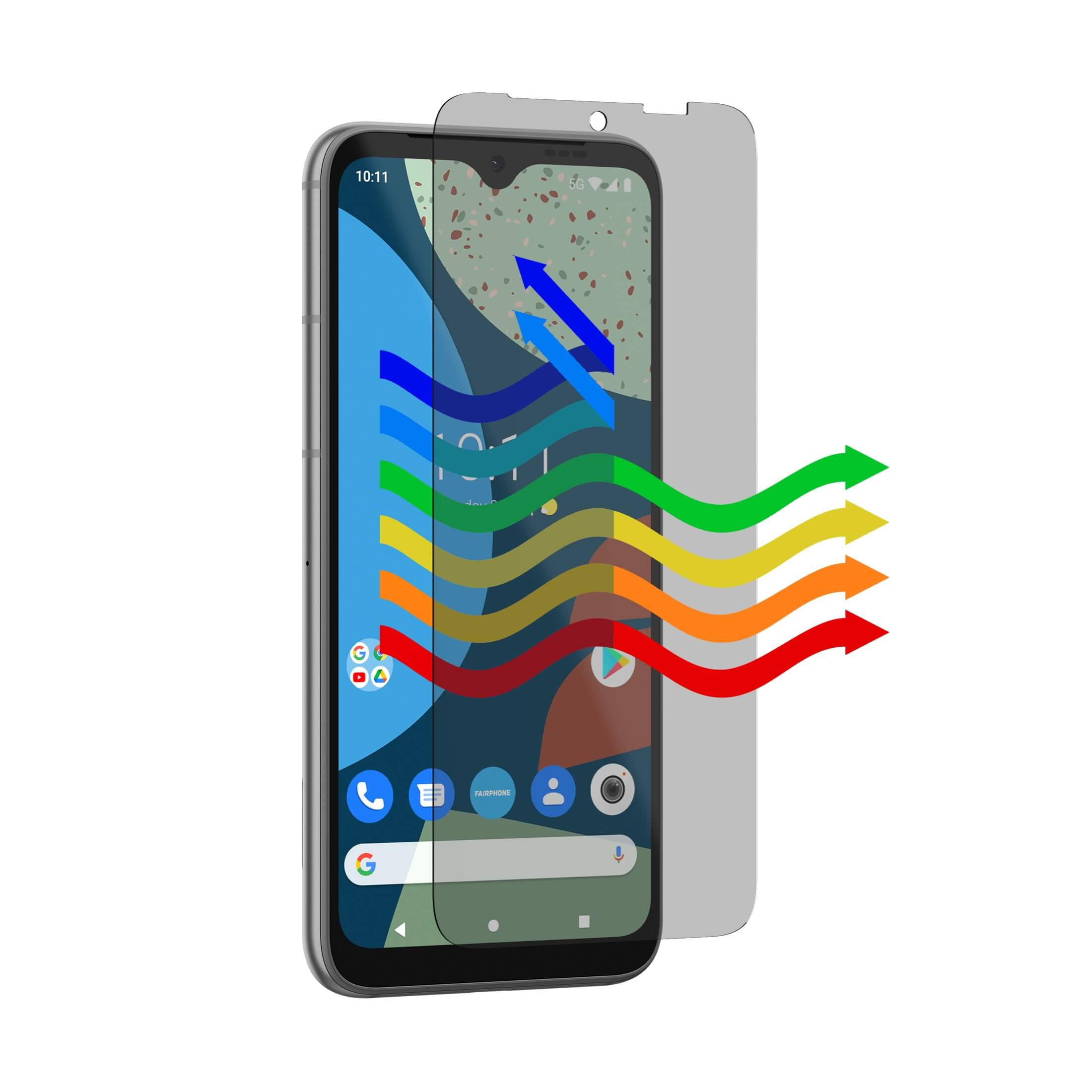 Telefoonscherm met privacyfilm. Pijlen geven lichtafbuiging aan. Scherm staat aan.