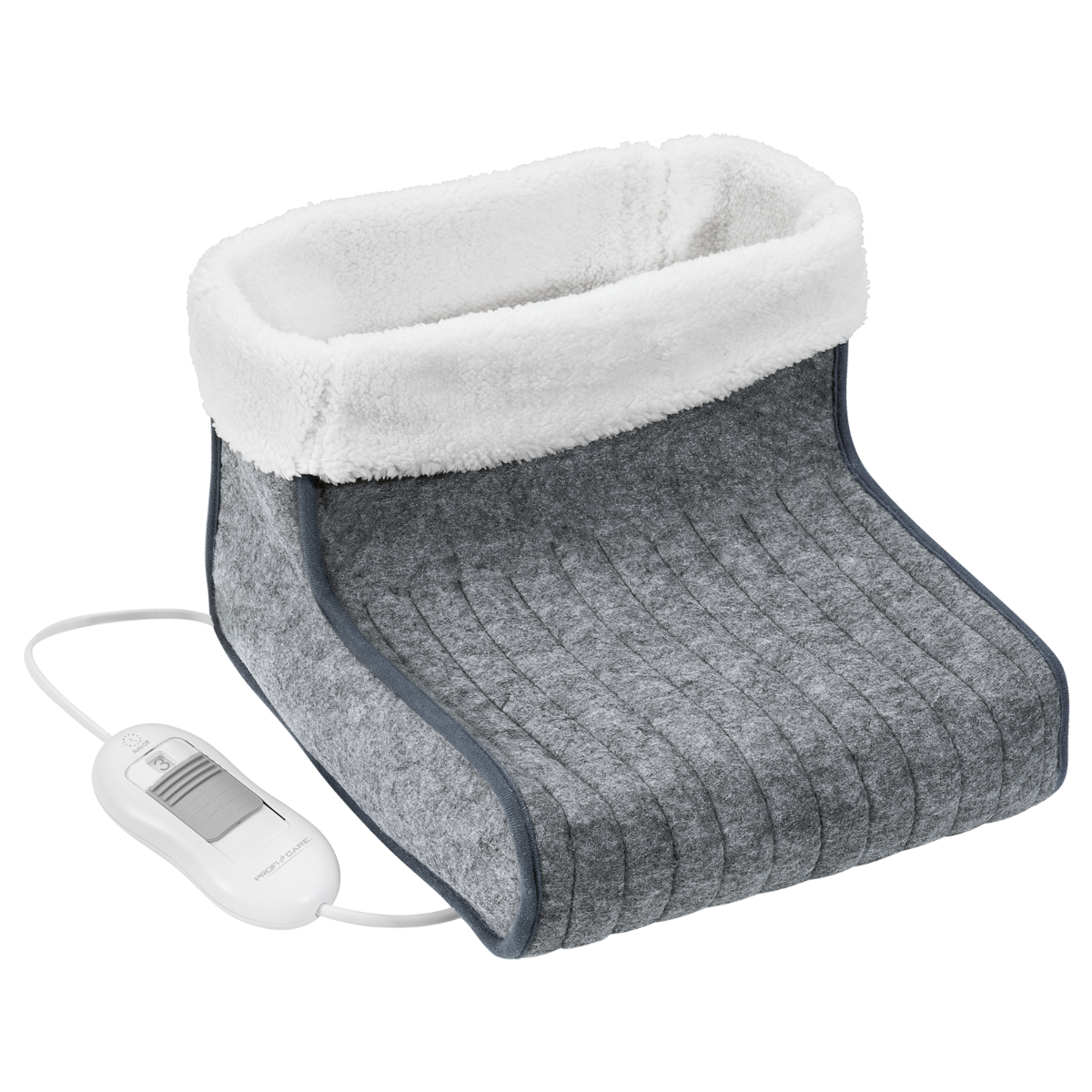 Szary podgrzewacz do stóp z białą, puszystą wyściółką i pilotem. Podgrzewacz znajduje się na ciemnej powierzchni.