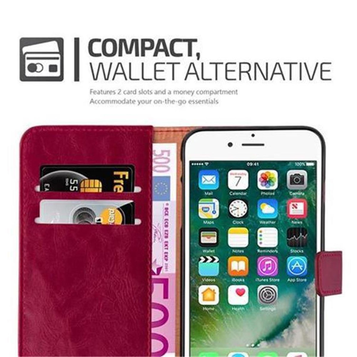 CADORABO Hülle Luxury Book / Apple, PLUS, ROT iPhone PLUS 7 PLUS 8 Style, / Bookcover, WEIN 7S