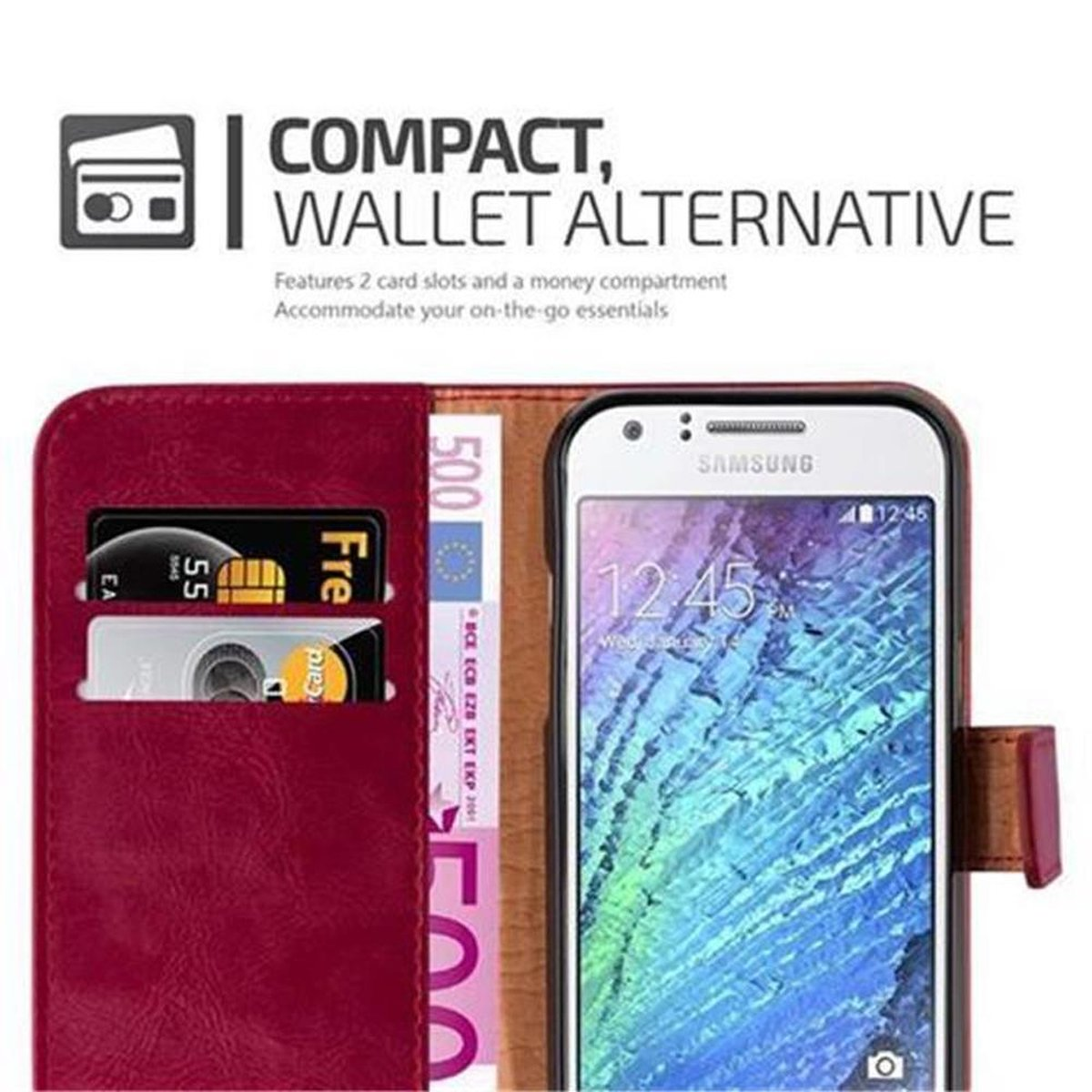 CADORABO Hülle Luxury Book Style, WEIN J1 Galaxy 2015, Samsung, Bookcover, ROT
