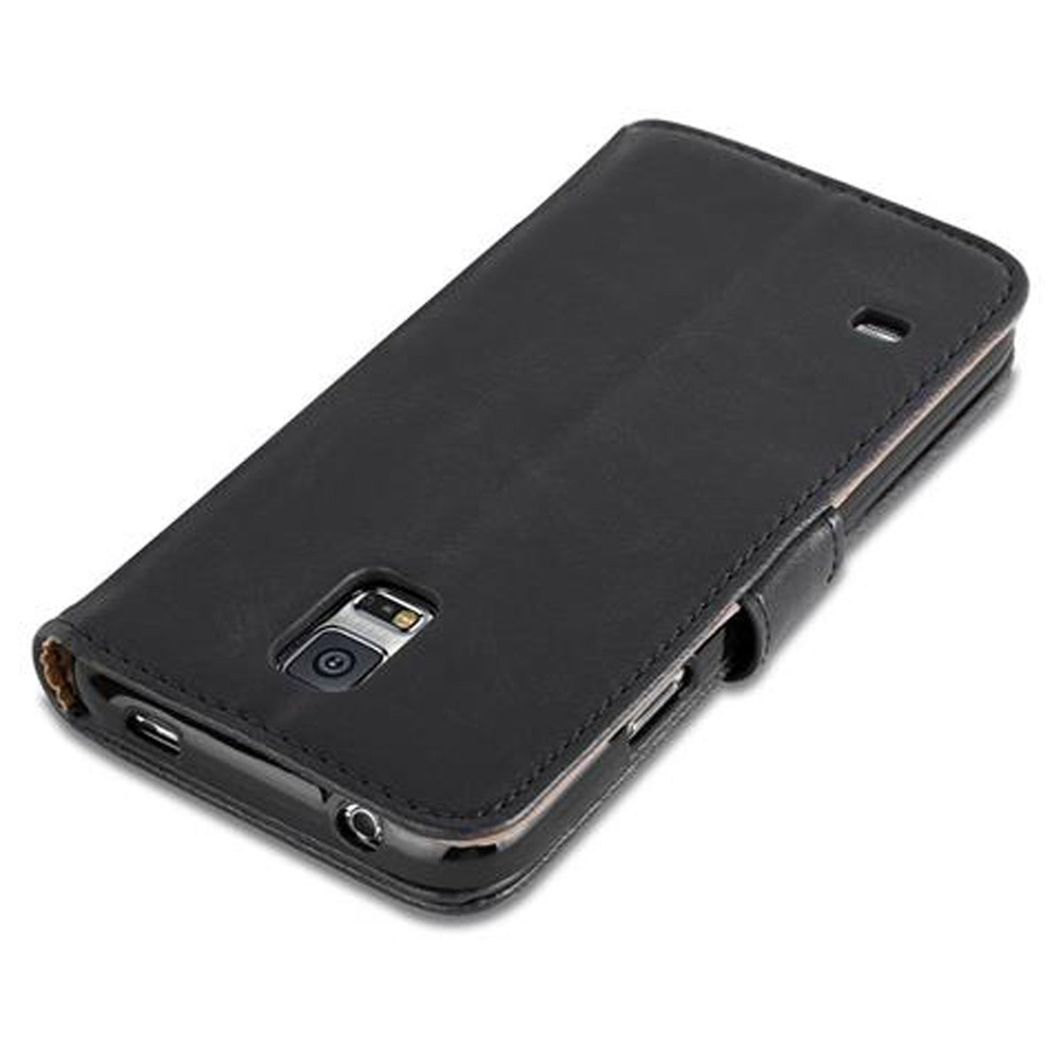 Funda de teléfono negra con agujero para cámara.
