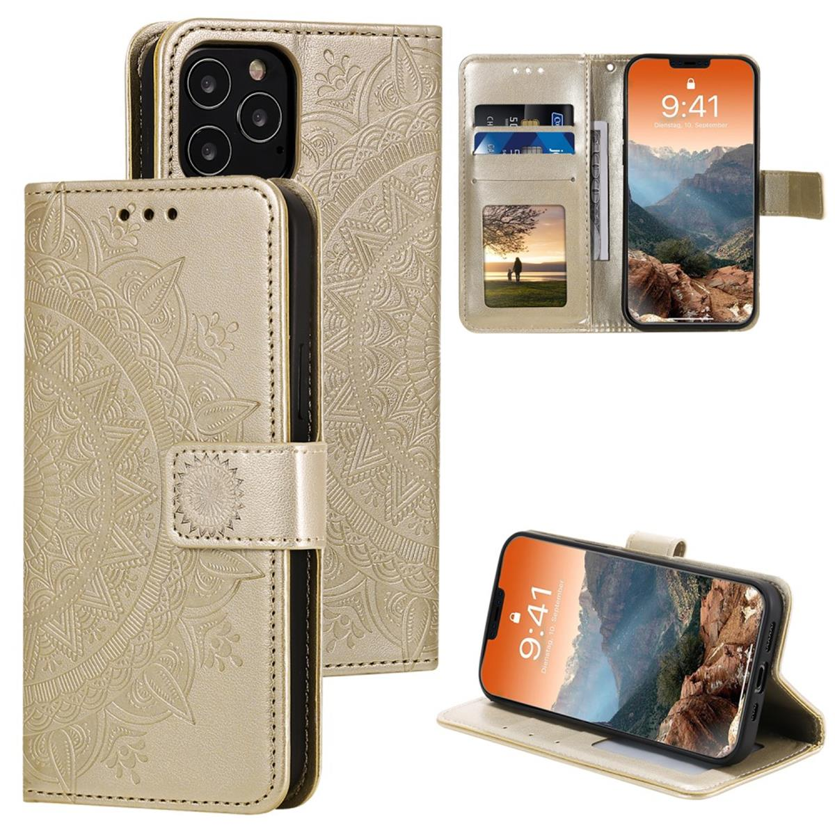 Goldene Handyhülle mit Telefon. Mehrere Ansichten der Hülle und des Telefons.