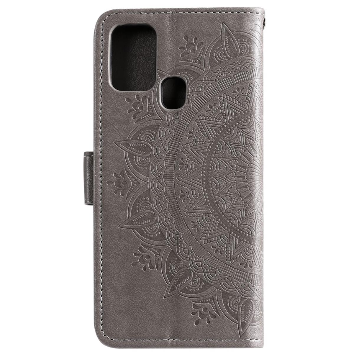 Graue Handyhülle mit Mandala-Design. Die Hülle ist offen und zeigt den Telefonhalter.