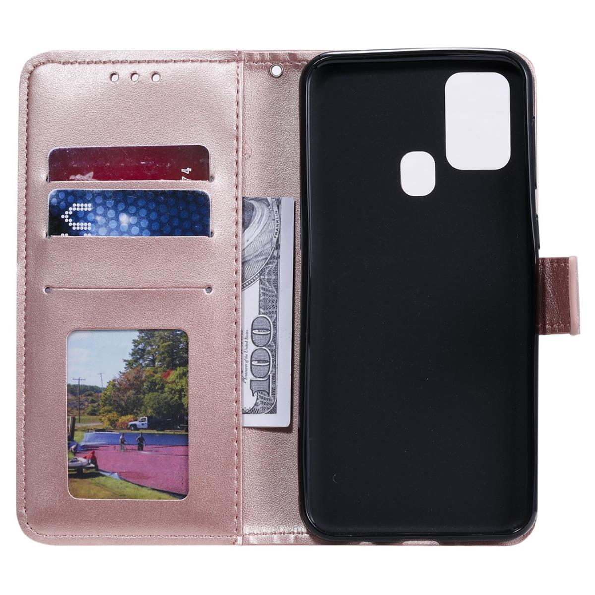 Roségoldene Handyhülle, offen, mit Telefon, Karten und Bargeld sichtbar.
