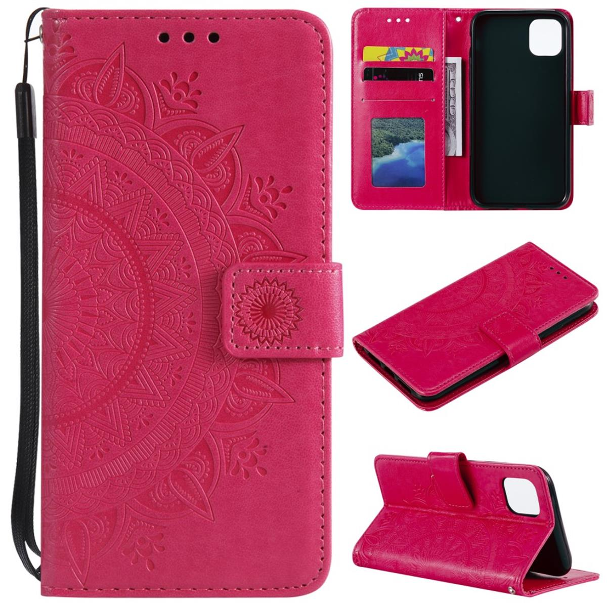 Rote Handyhülle mit Mandala-Design. Verschiedene Ansichten: geschlossen, offen mit Telefon, offen mit Karten.