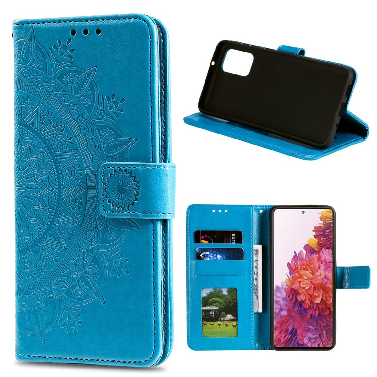 Blaue Handyhülle mit floralem Design und einem Telefon darin. Ein Geldbörsendesign ist sichtbar.