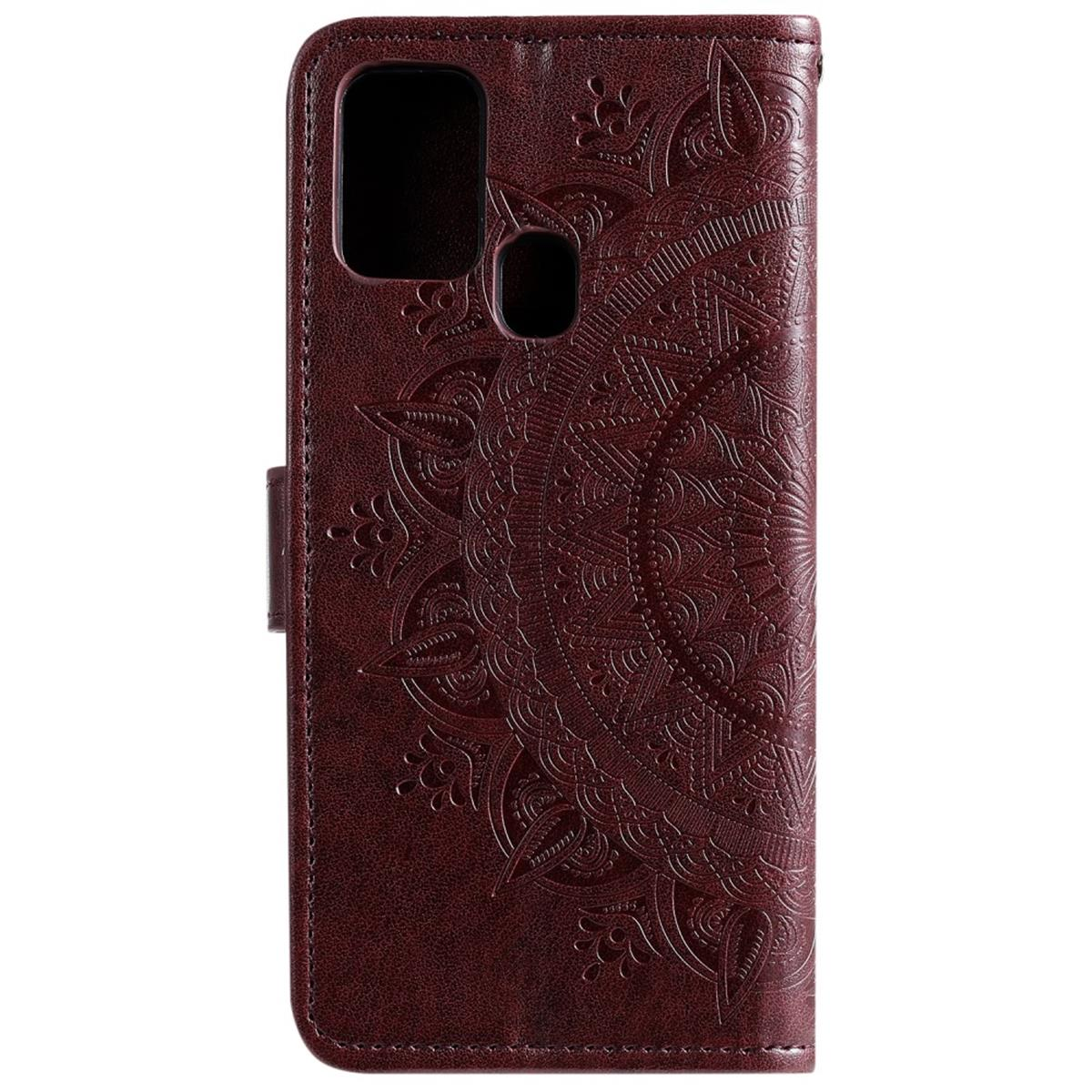 Nahaufnahme einer dunkelroten, gemusterten Handyhülle mit Schnappverschluss und Mandala-Design.