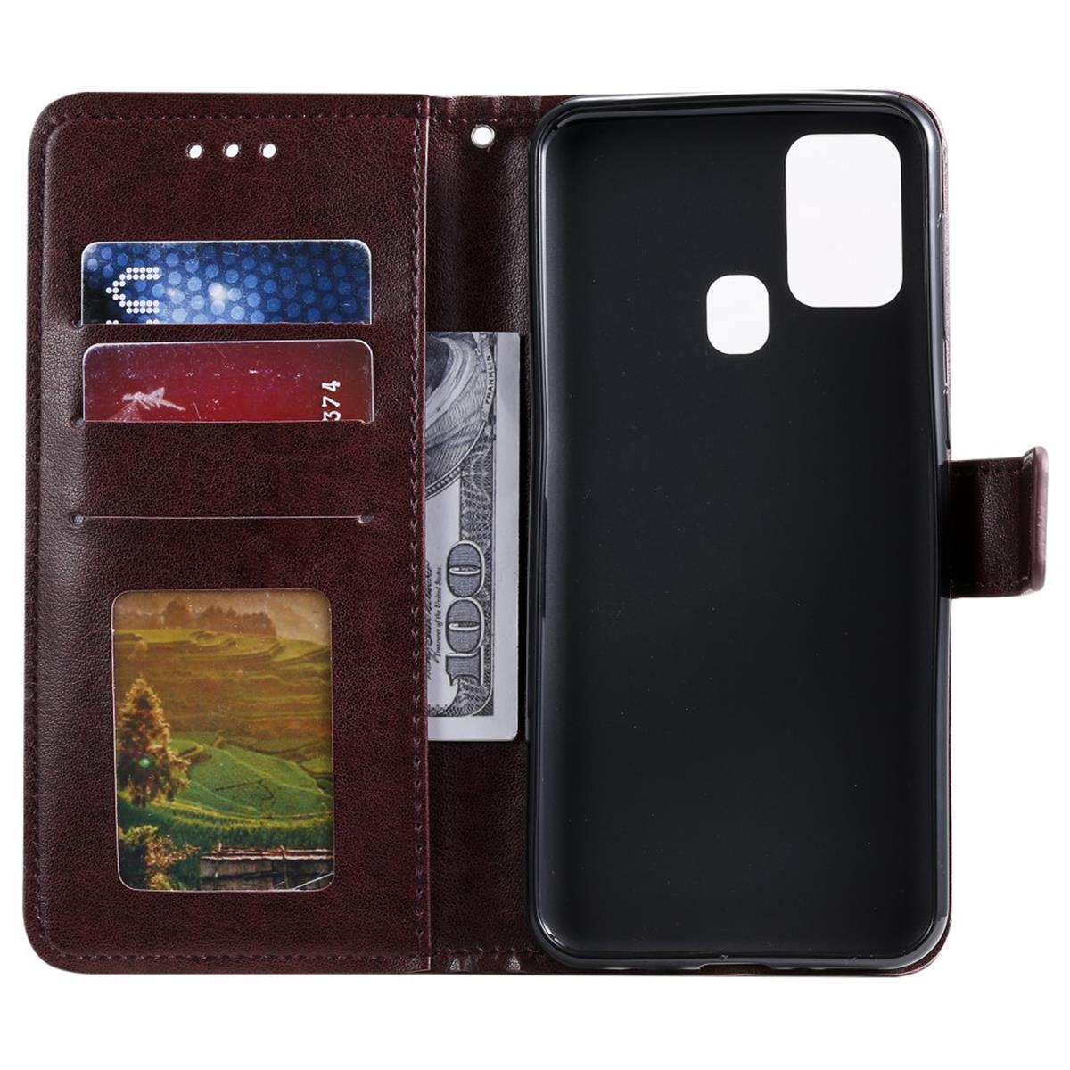 Braune Leder-Geldbörsen-Handyhülle mit Karten, Geld und einem Telefon im Inneren.