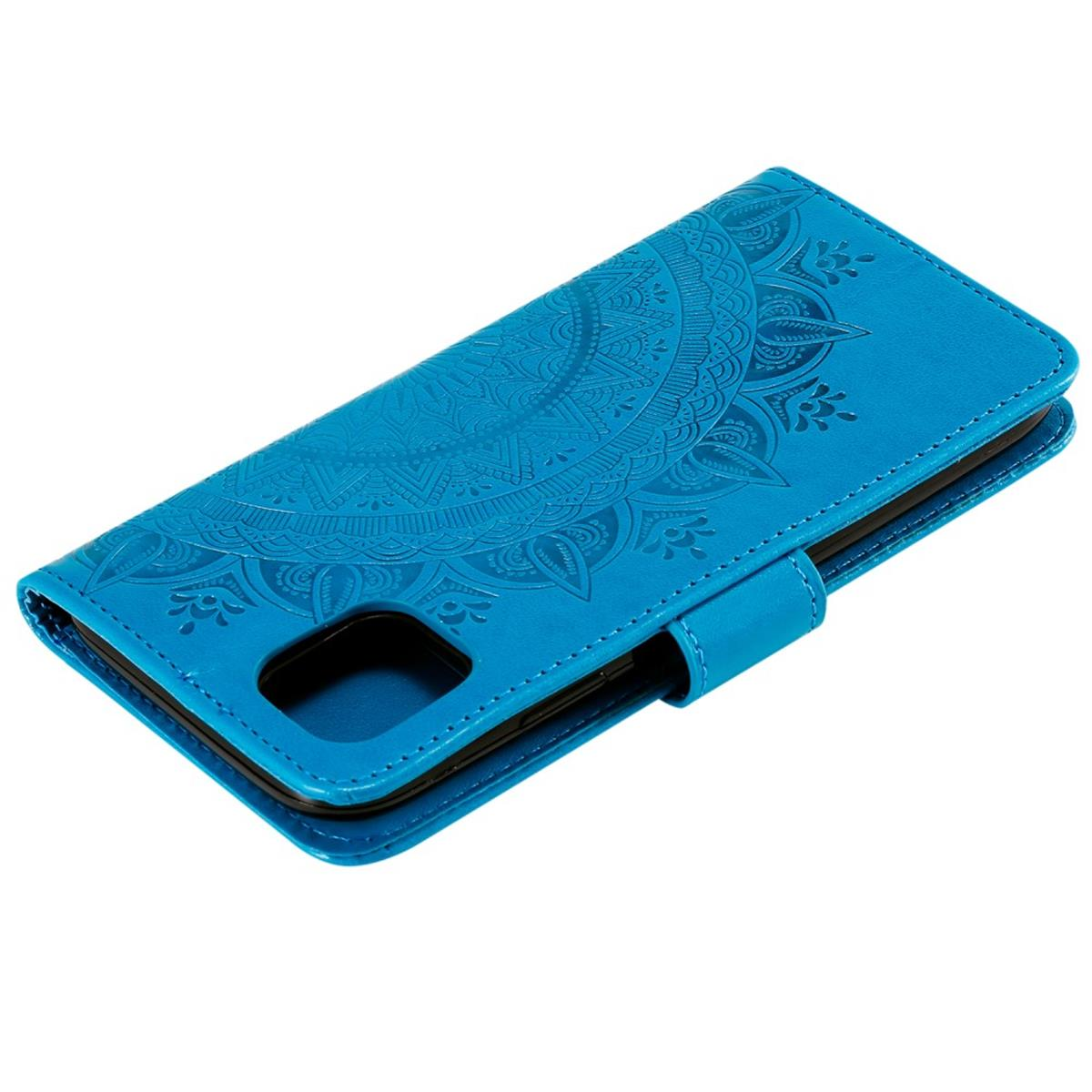 Blaue Handyhülle mit Mandala-Muster. Mit Kameraausschnitt und Verschluss.