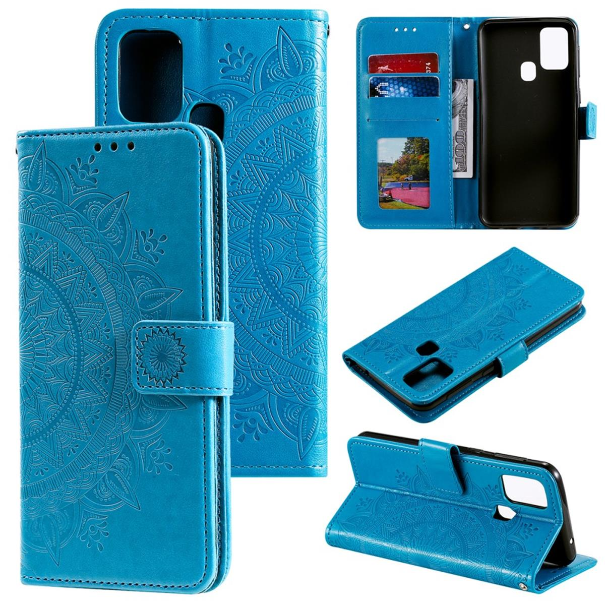 Blaue Handyhülle mit Mandala-Design, geöffnet und geschlossen, mit Karten und Telefon darin.