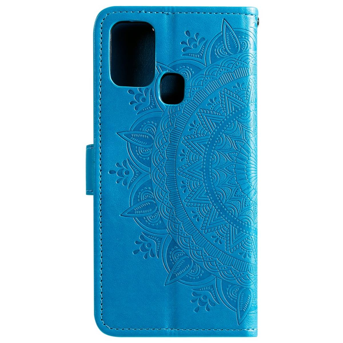 Blaue Handyhülle mit Mandala-Design. Sie hat einen Magnetverschluss.