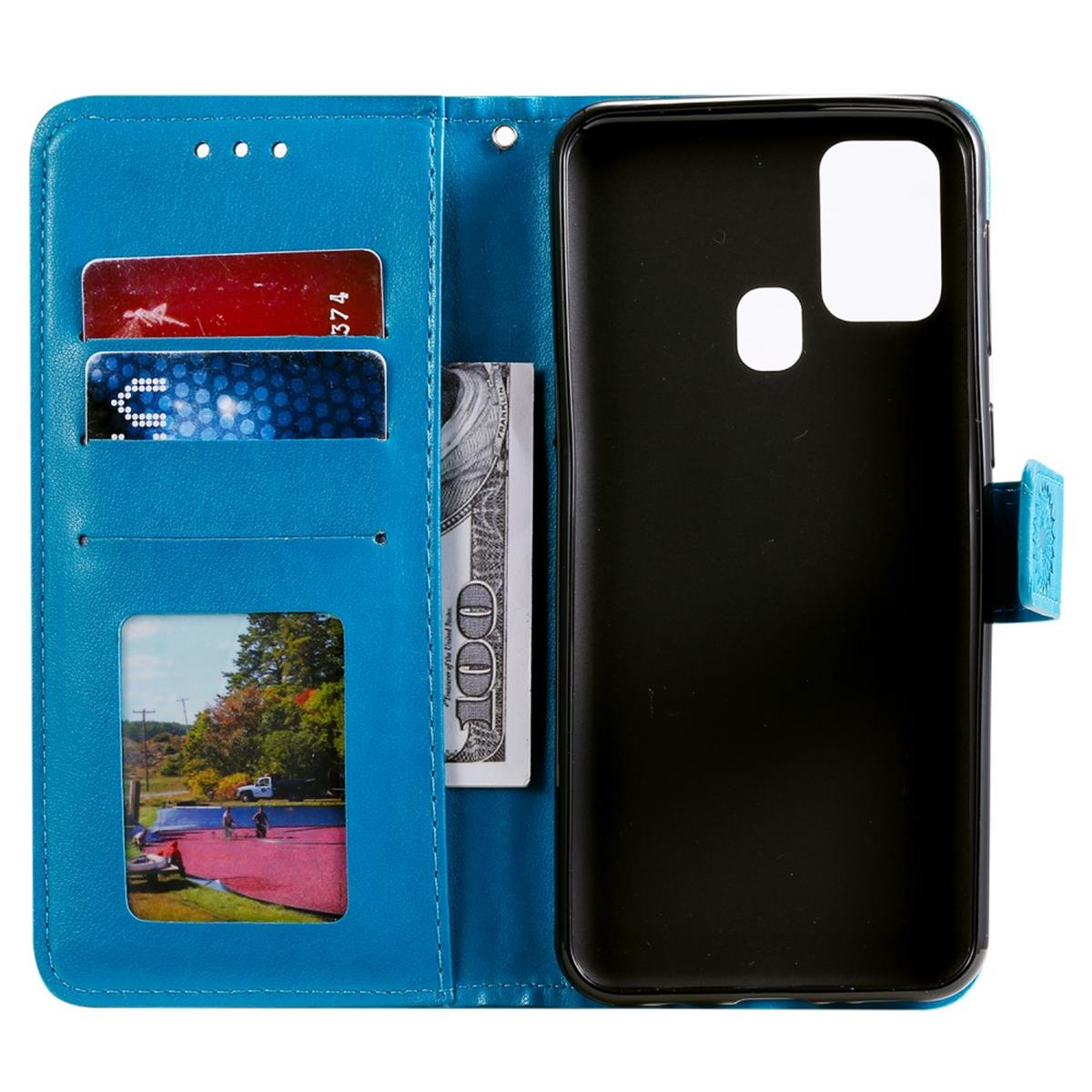 Blaue Handyhülle offen mit Kartenfächern, Geld und Handyhalter.