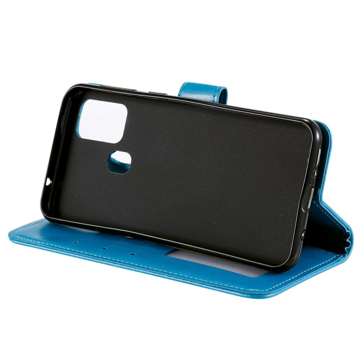 Offene blaue Handyhülle mit telefonförmigem Innenraum und schwarzer Hülle im Inneren.