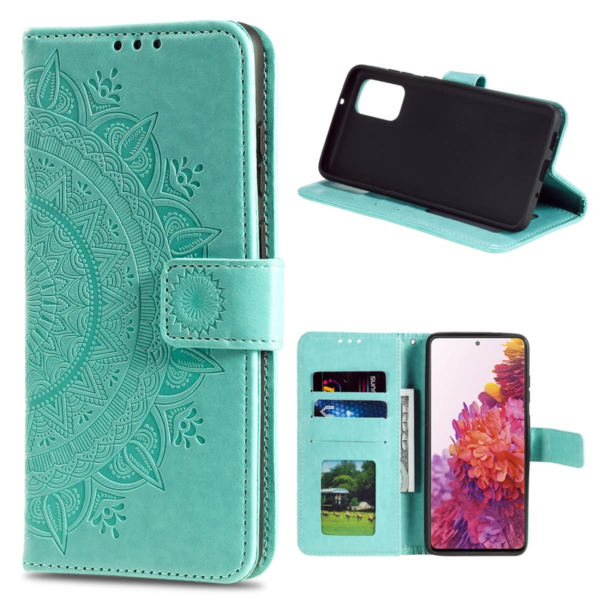 Türkisfarbene Handyhülle mit Mandala-Design, geöffnet, um Telefon, Karten und Foto zu zeigen.
