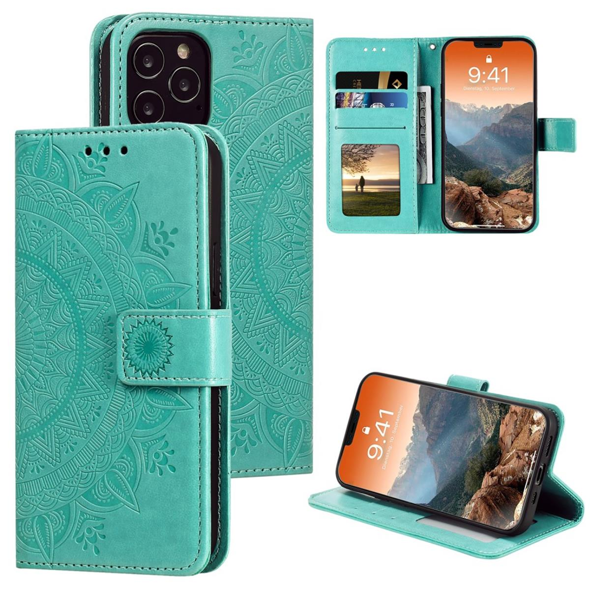 Türkisfarbene Handyhülle, offen und geschlossen, mit Blumenmuster und einem angezeigten Telefon. Mehrere Ansichten.