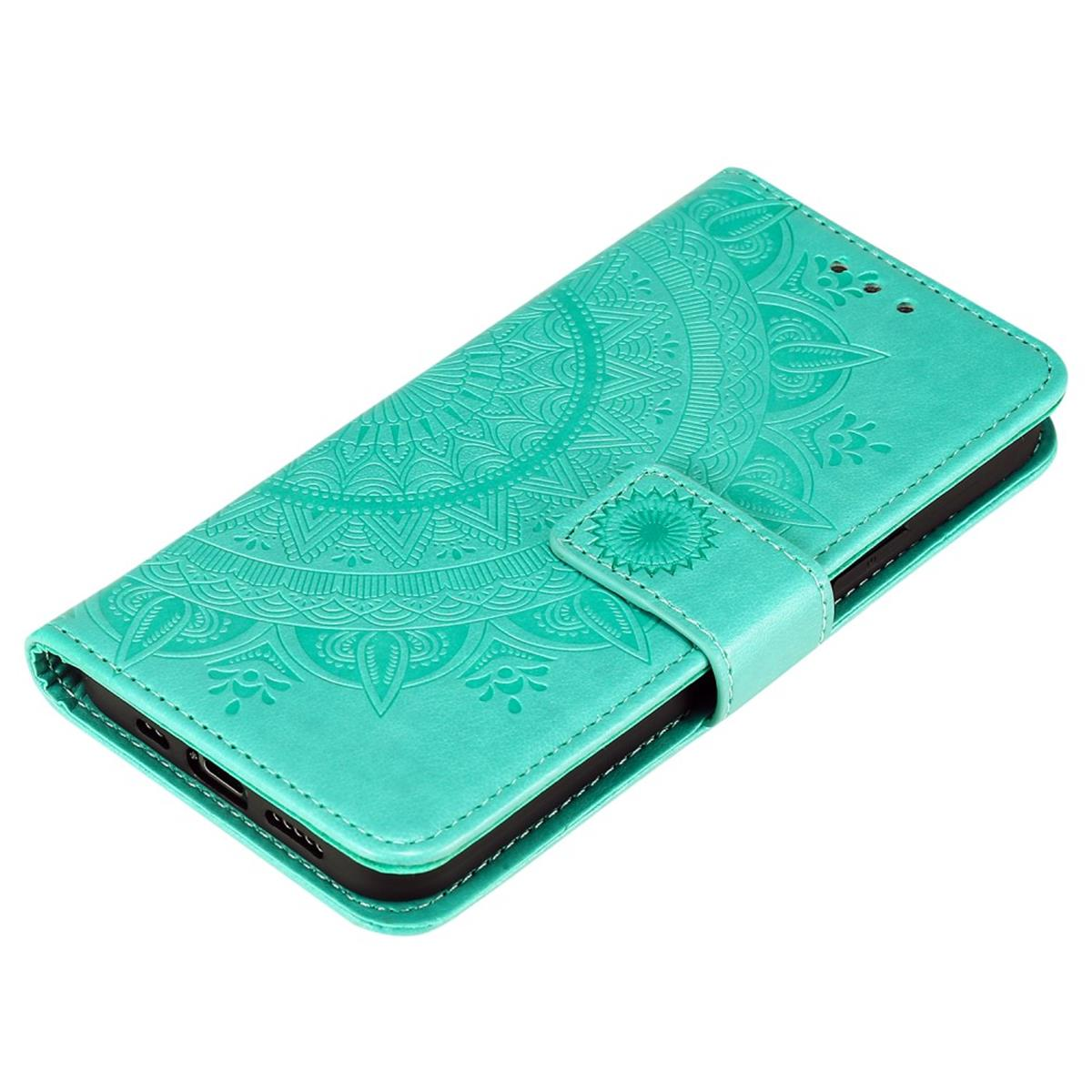Türkisfarbene Handyhülle mit geprägtem Blumendesign und Magnetverschluss.