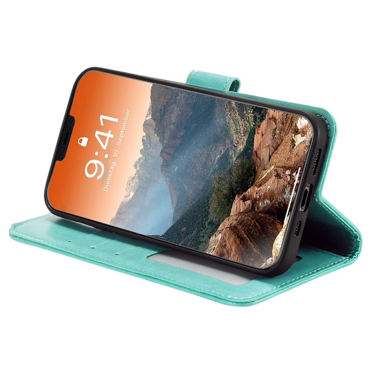 Türkisfarbene Handyhülle mit Telefon, das Uhrzeit und Datum anzeigt. Hülle ist offen, auf weißem Hintergrund.