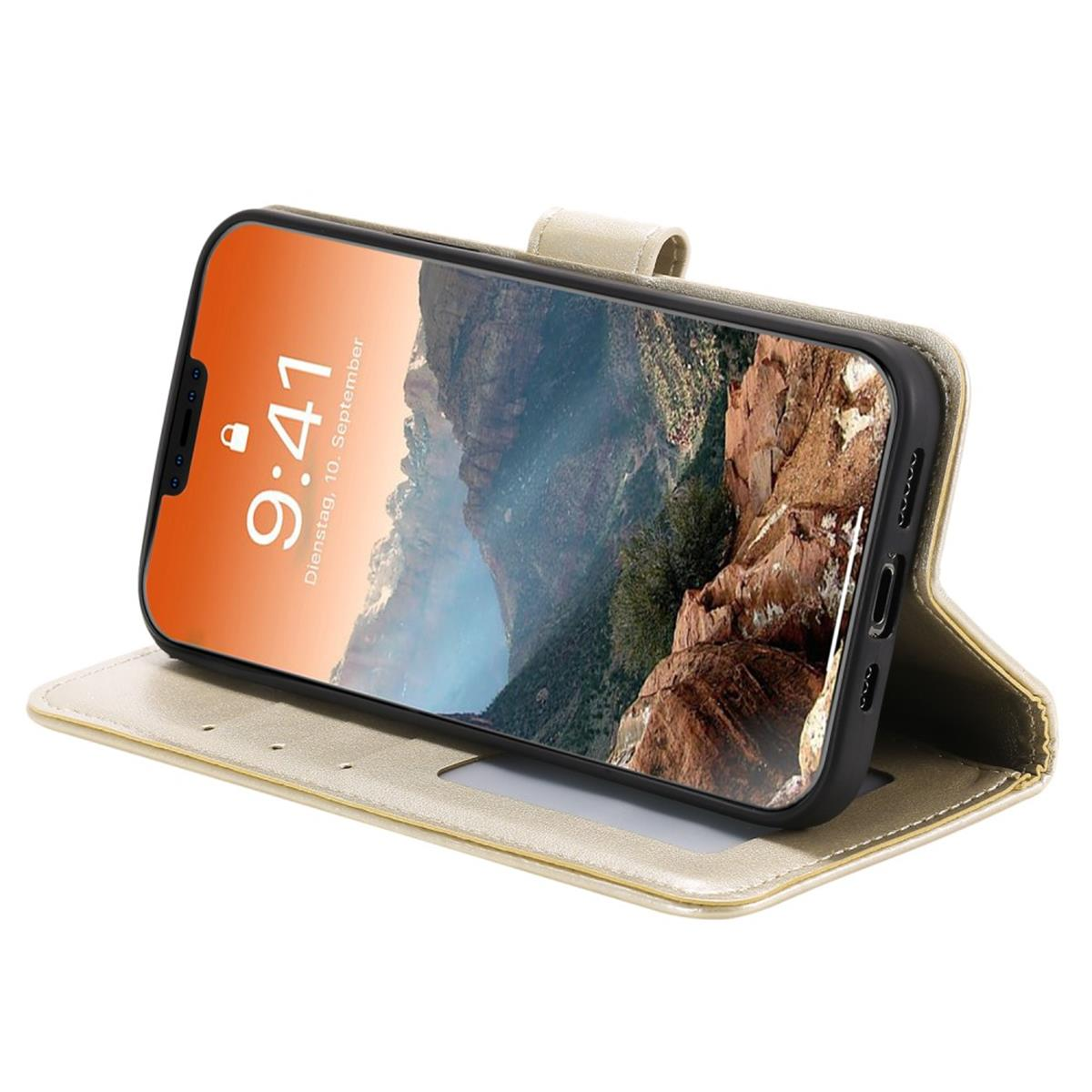 Goldene Handyhülle, offen, mit einem Telefon, das eine Uhrzeit von 9:41 Uhr anzeigt. Die Hülle ist offen, auf weißer Oberfläche.