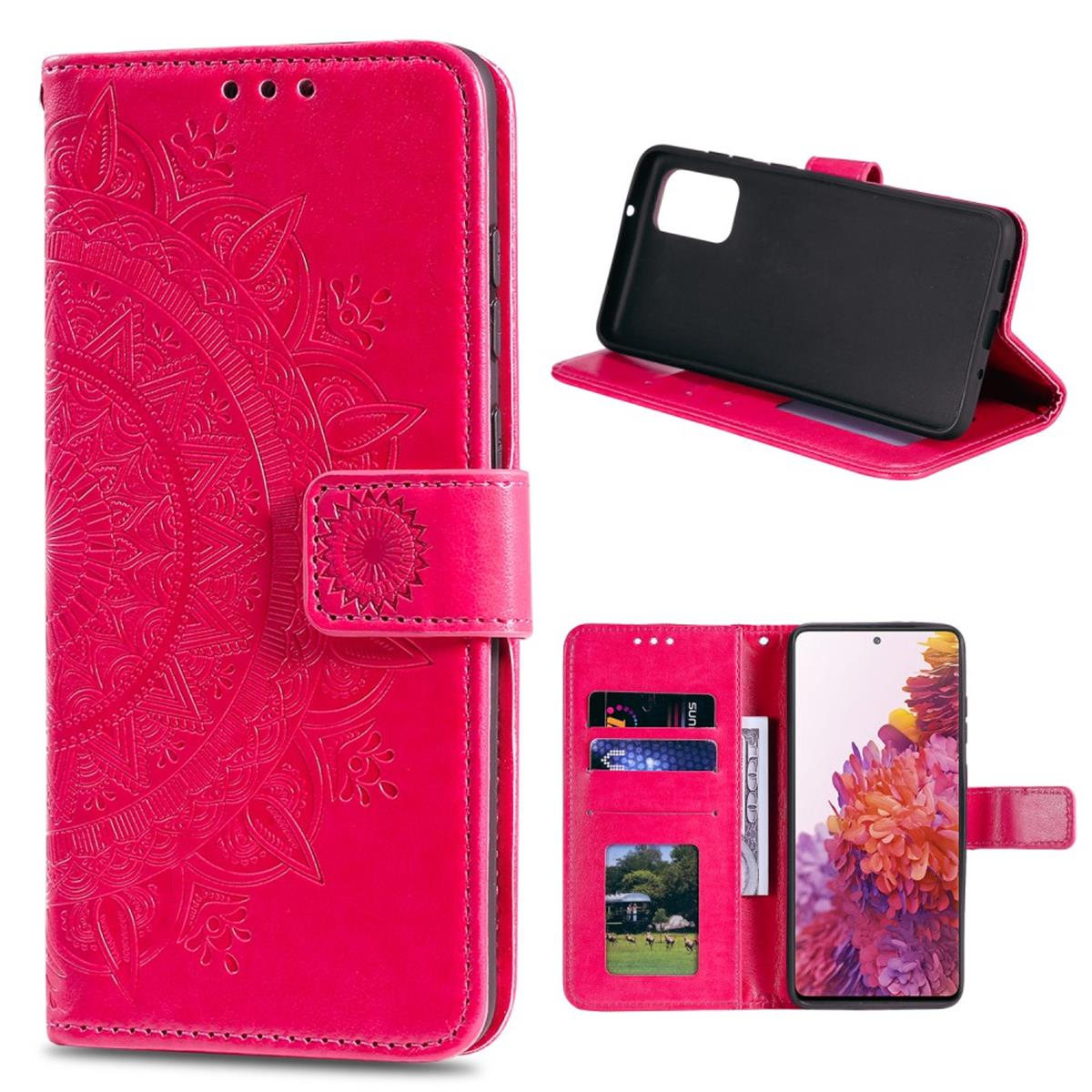 Rosa Handyhülle mit geprägtem Blumendesign. Geöffnet mit Karten, Foto und Telefon.