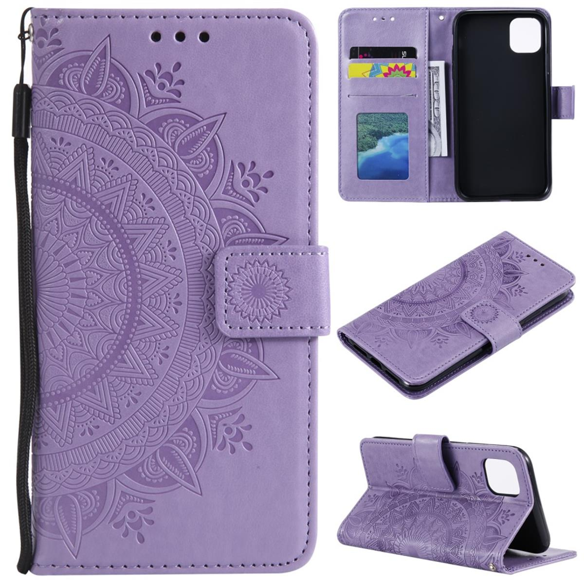 Lila Handyhülle mit Mandala-Design. Hat Kartenfächer und Magnetverschluss.
