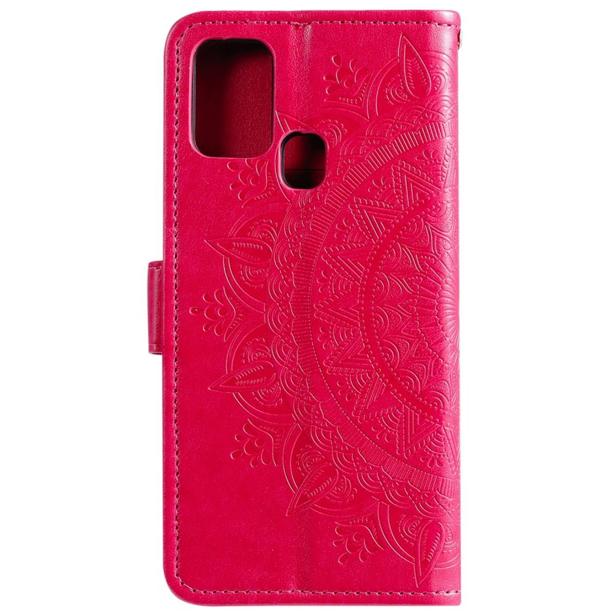 Eine pinkfarbene Handyhülle mit Mandala-Design und Kameraausschnitt.