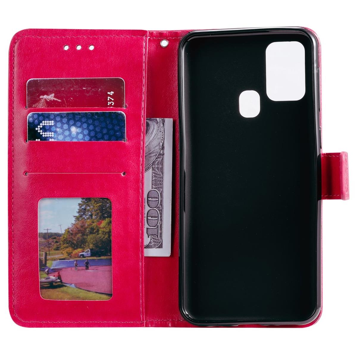 Offenes pinkfarbenes Handy-Case mit Kartenfächern, Geld und einem Telefonhalter.