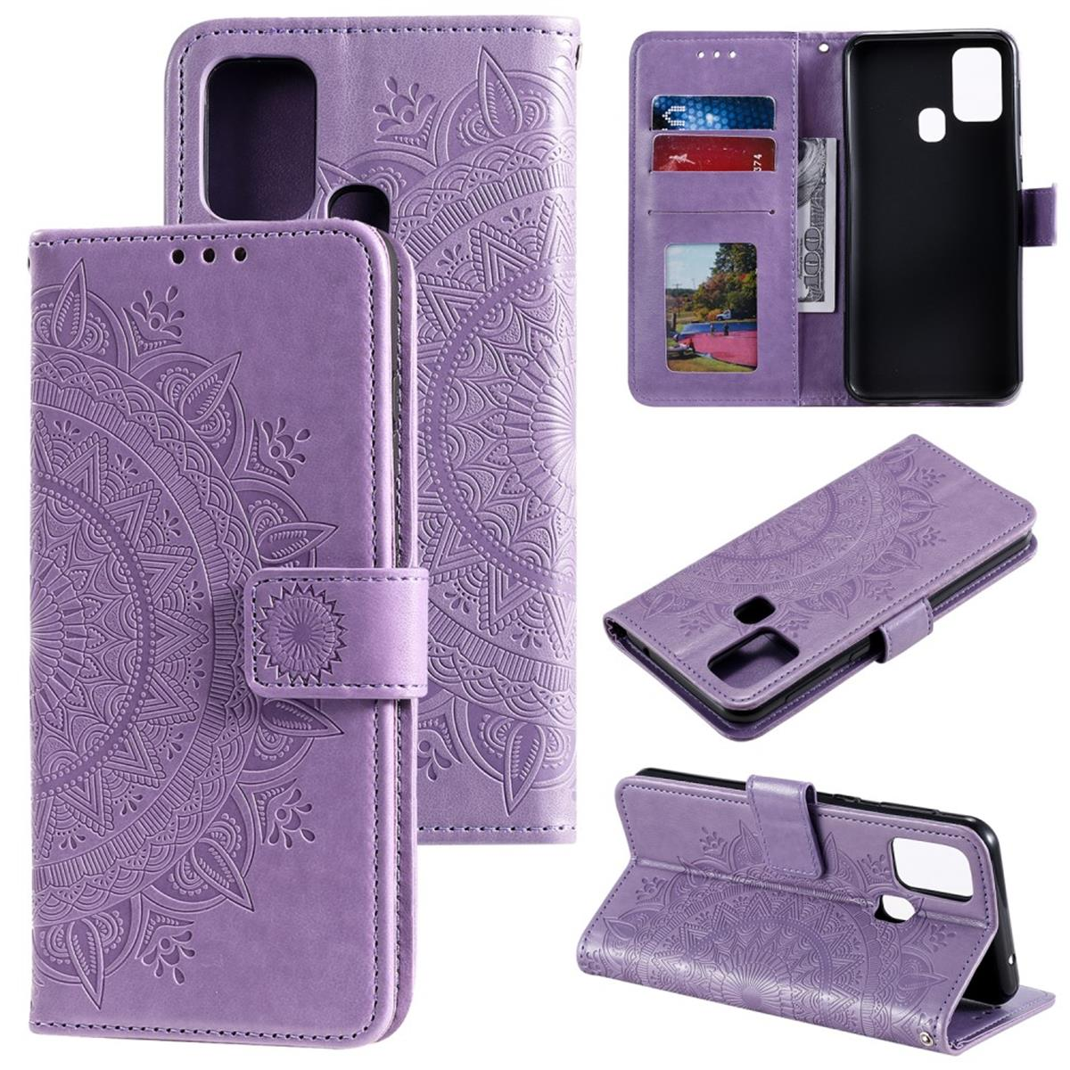 Lila Handyhülle mit floralem Design. Es hat Kartenfächer, Geldfach und ein Telefon darin.