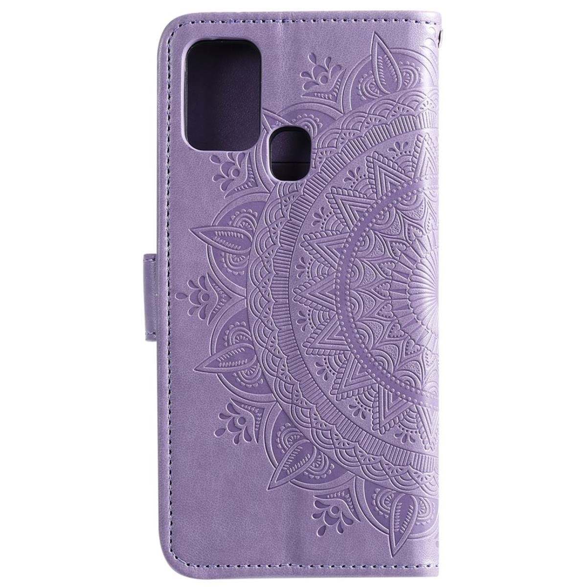 Lila Handyhülle mit Mandala-Design, geschlossen, zeigt Details der Vorderseite.