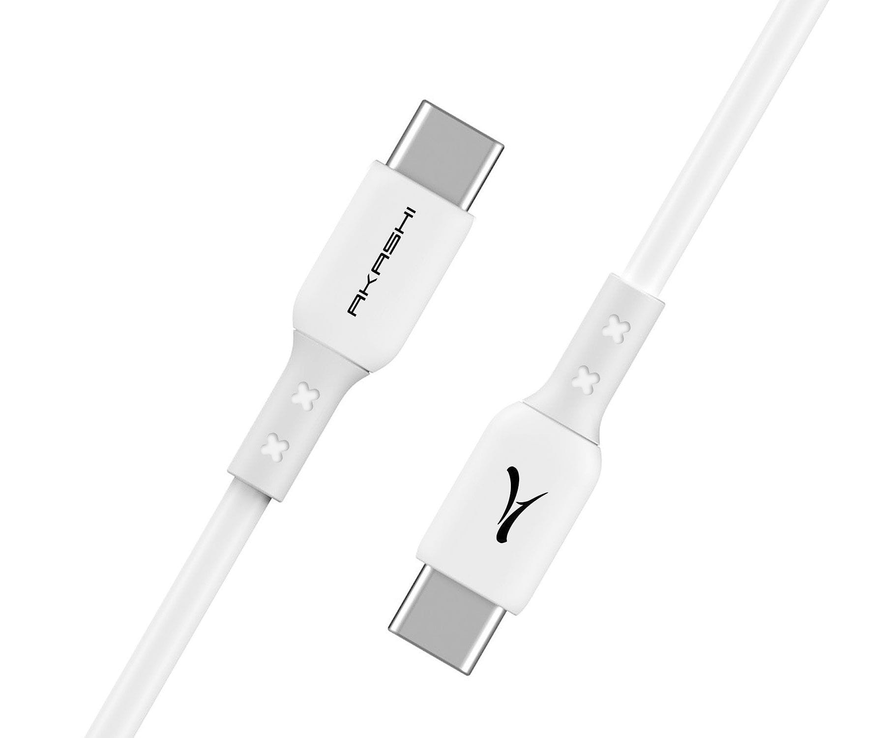 Cavo di ricarica USB-C bianco con due connettori, con il marchio "AKASHI" e un logo.