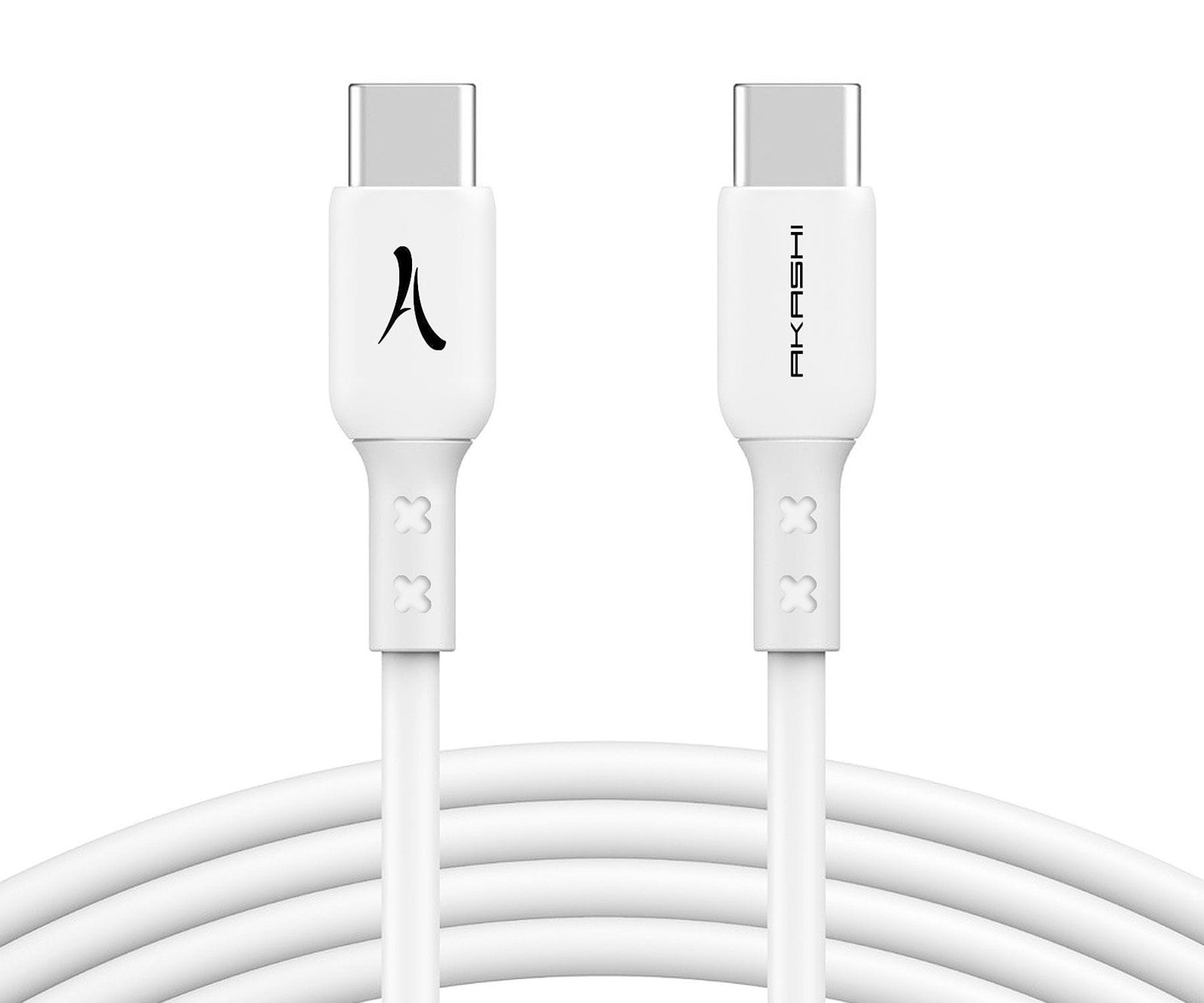 Cavo di ricarica USB-C bianco, con loghi sui connettori, su sfondo bianco.