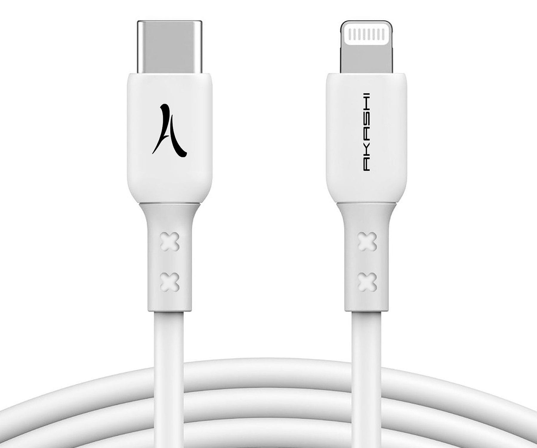 Cavo USB-C a Lightning bianco. Connettori bianchi con logo. Sfondo bianco.