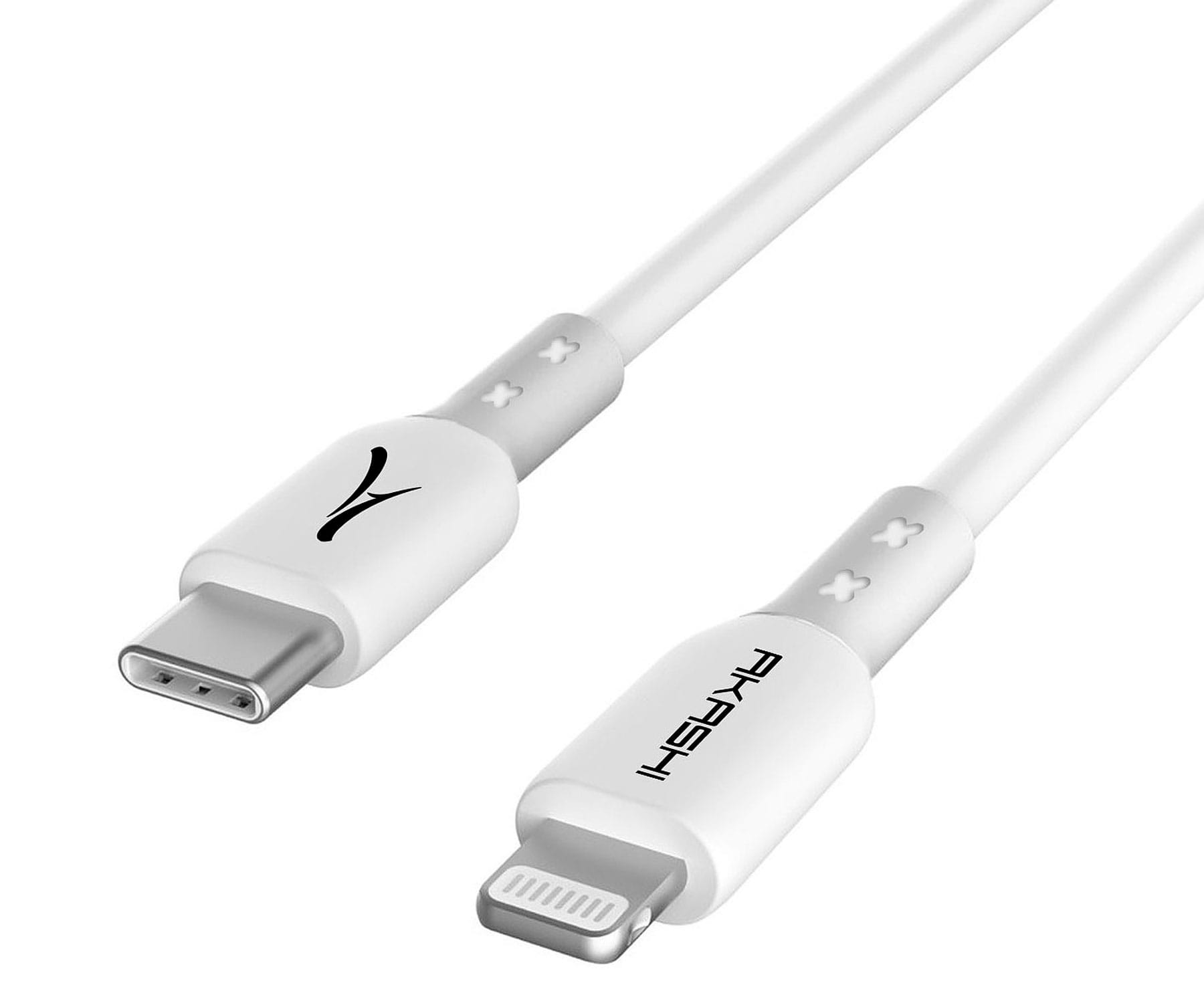 Cavo di ricarica bianco con un connettore USB-C e un connettore Lightning.